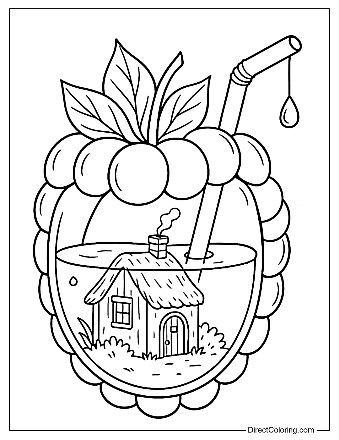 Coloring page Blackberry containing small house with grass roof, smoke coming out of chimney. Straw stuck from the back side of the fruit.