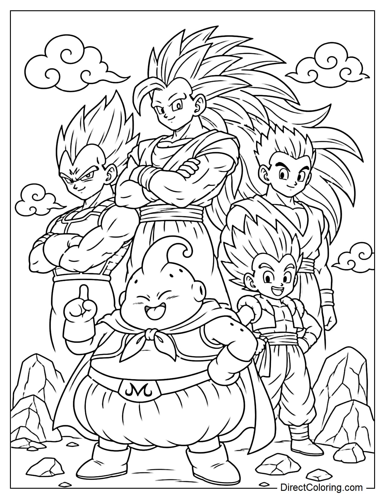 Dragon Ball Z Majin Buu Saga features Goku in Super Saiyan 3 form, Vegeta, adult Gohan, Gotenks, and the chubby Majin Buu, surrounded by swirling clouds and large rocks.
