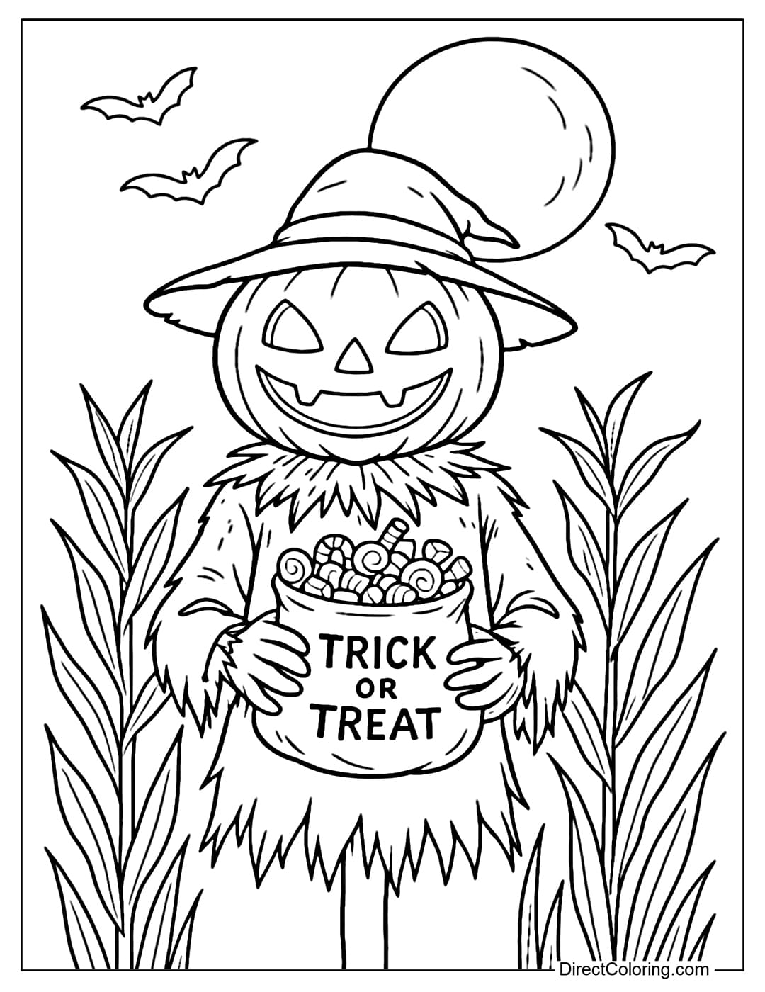 A coloring page of a Halloween straw man holding a bag full of trick-or-treat candy, standing in a dry cornfield.