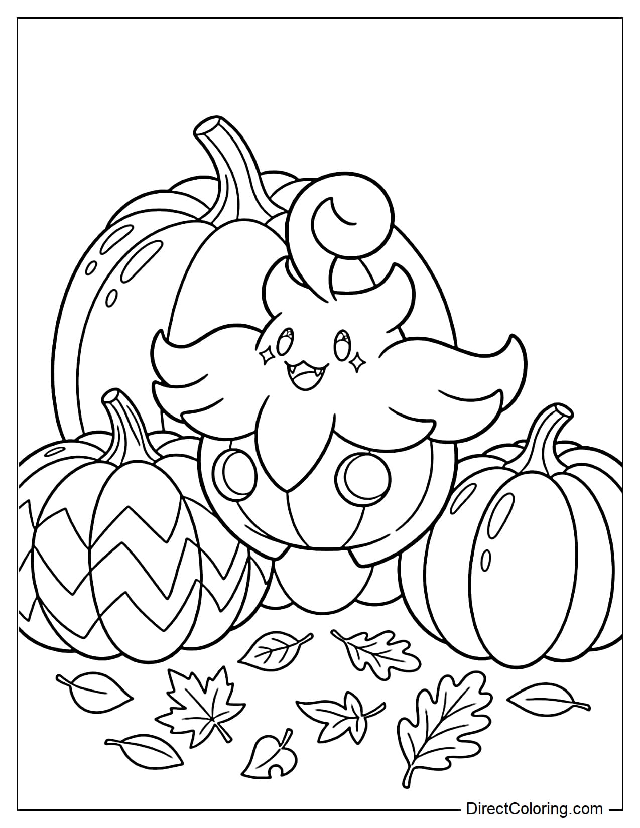 Pokémon Pumpkaboo happily floating low among three large pumpkins in a pumpkin patch, with a few autumn leaves below.