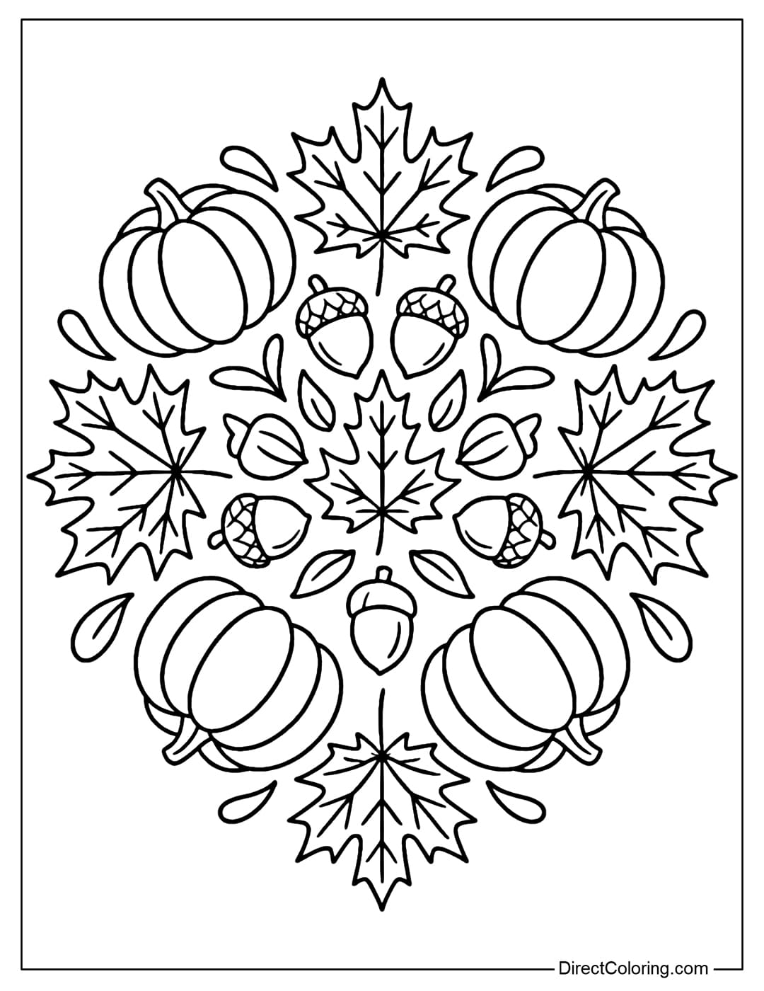 Coloring page of a mandala pattern of maple leaves, chestnuts, pumpkins arranged in a symmetrical circle.