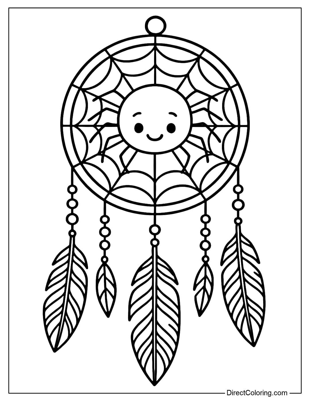 A spider coloring page combining a dreamcatcher, a silk web turned into a circle with patterns, feathers and decorative beads.