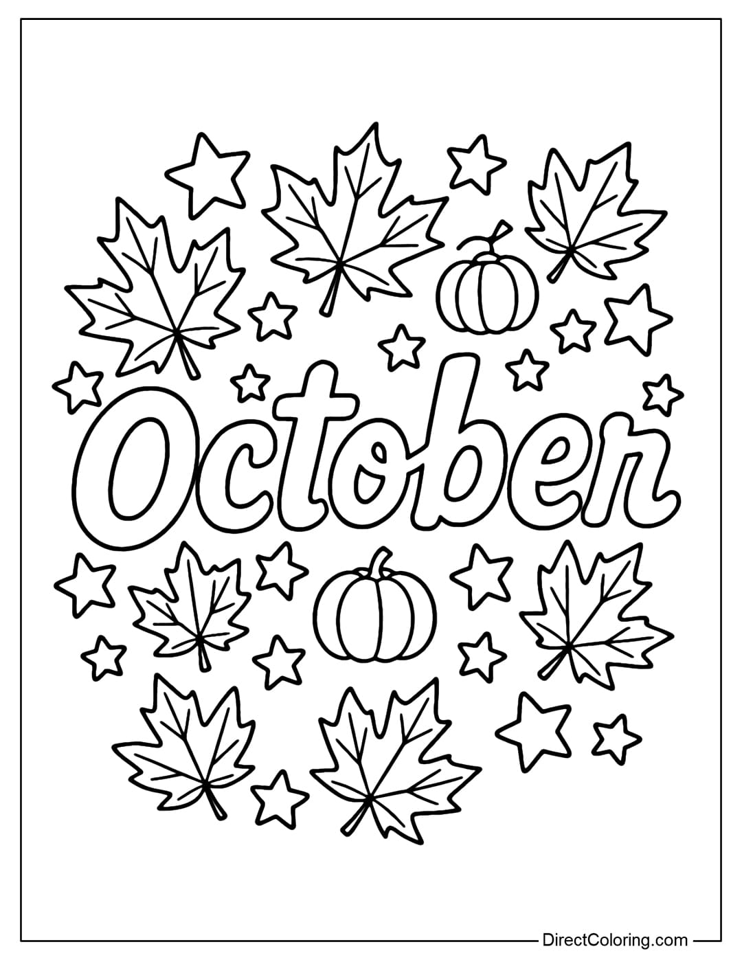 Coloring page for the word October, each letter is decorated with small pumpkins, yellow maple leaves and cute stars around.