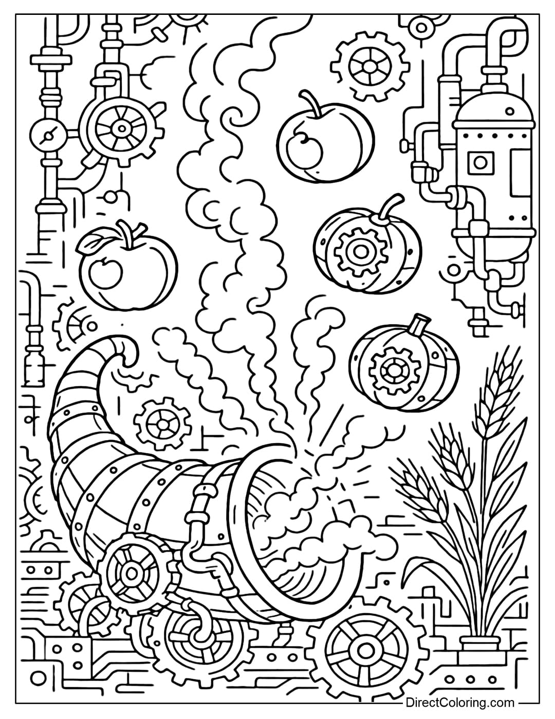 A unique steampunk Cornucopia coloring page. The background is a harvest machine.