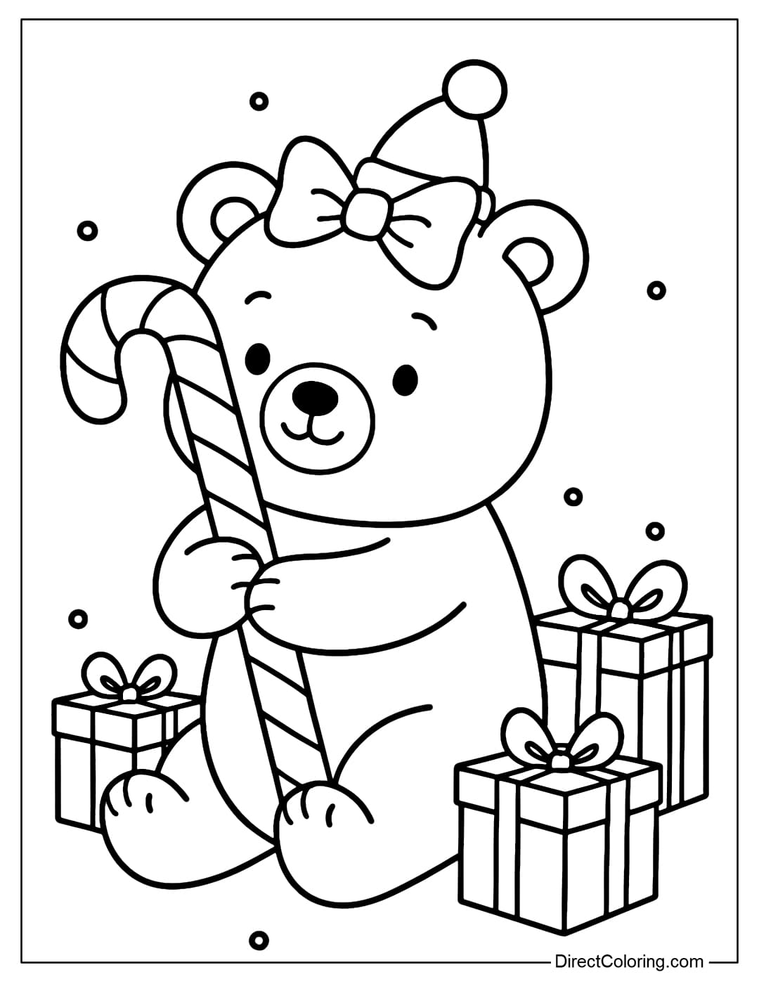 Coloring page of a white bear holding a candy cane, surrounded by gift boxes.