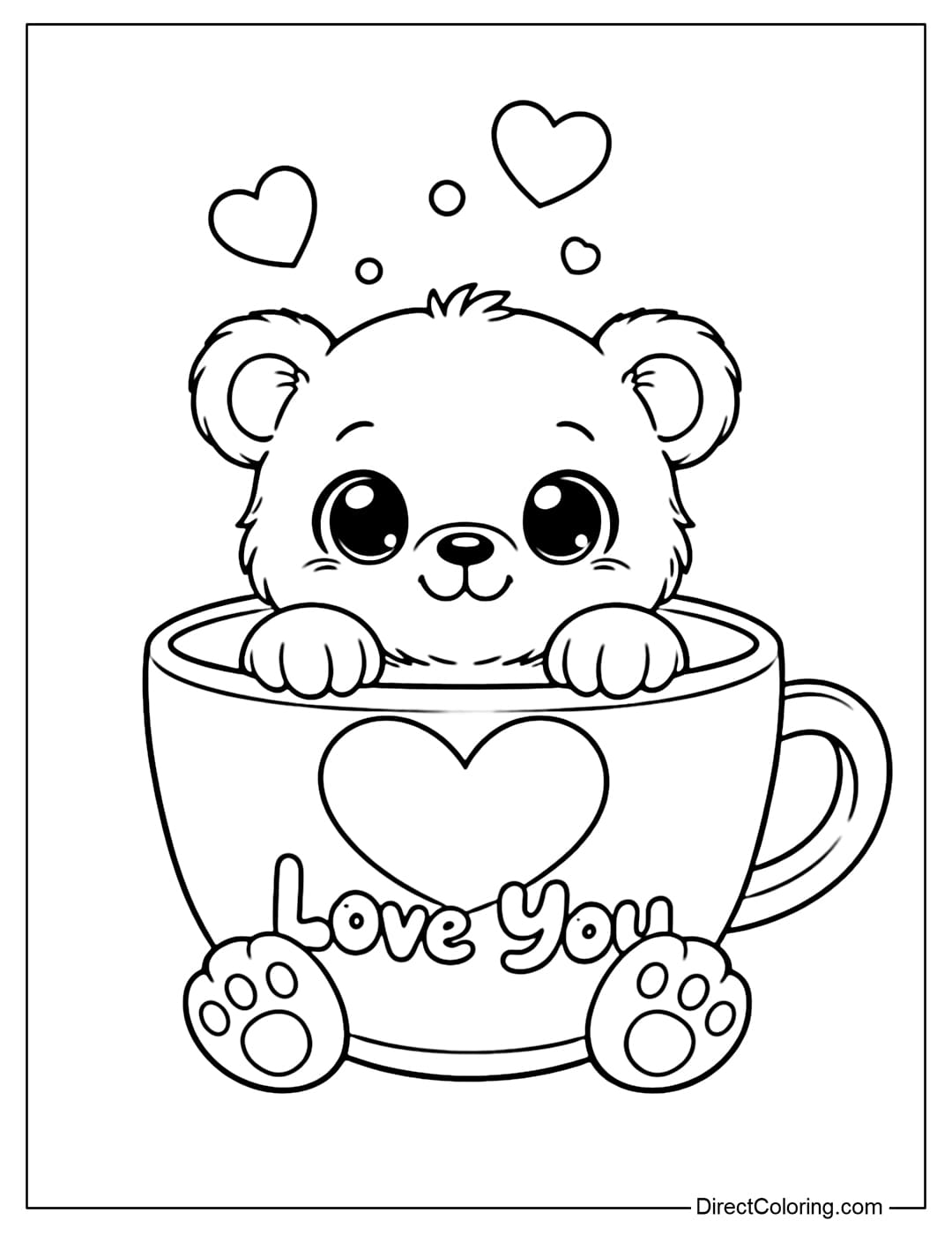 Coloring page for a cute bear sitting in a large cup with a large heart and the word 