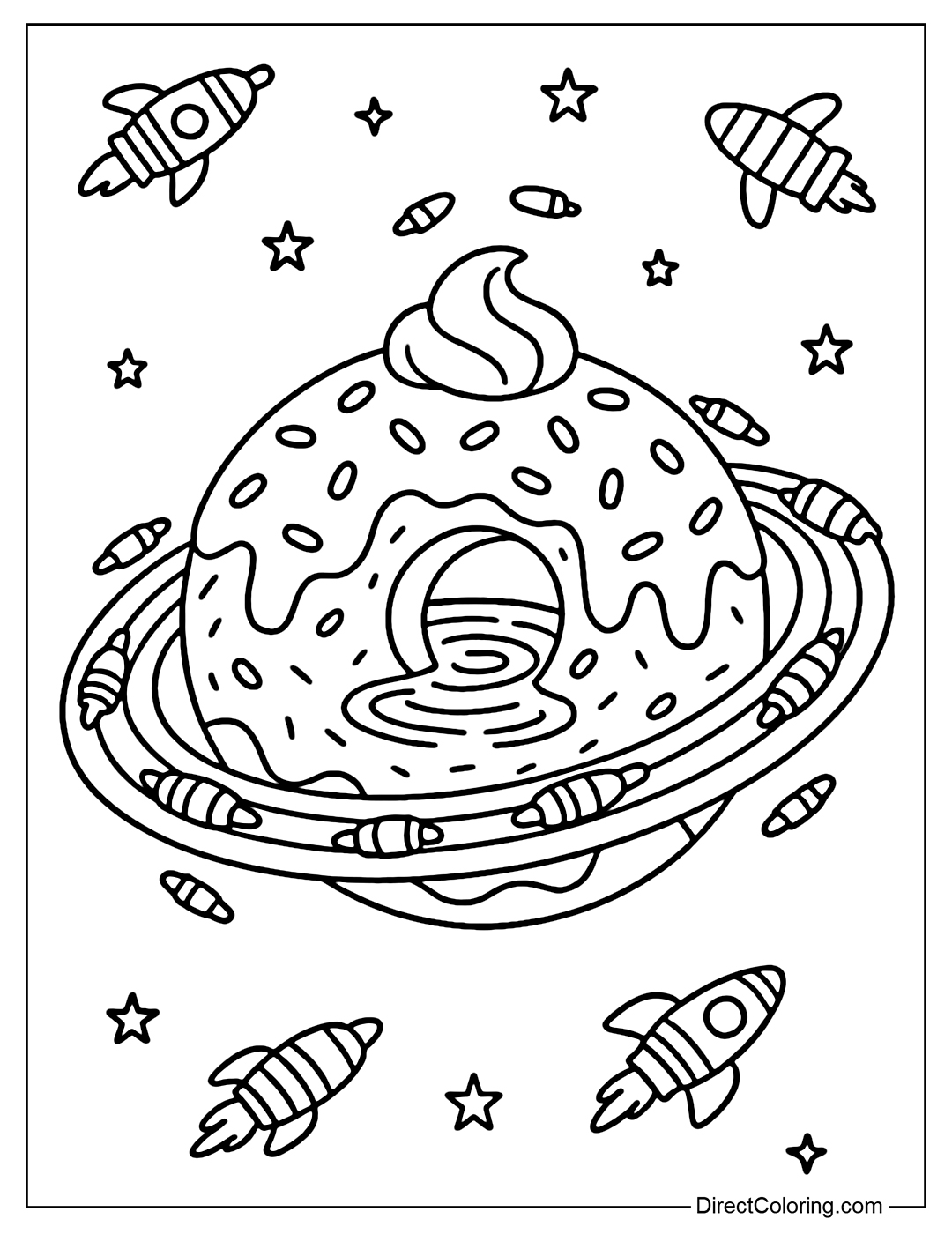 A giant donut planet coloring page with a donut hole as a caramel port, candy-shaped spaceships coming in and out busily. The belt is a series of candy ships flying around to form a colorful ferris wheel.