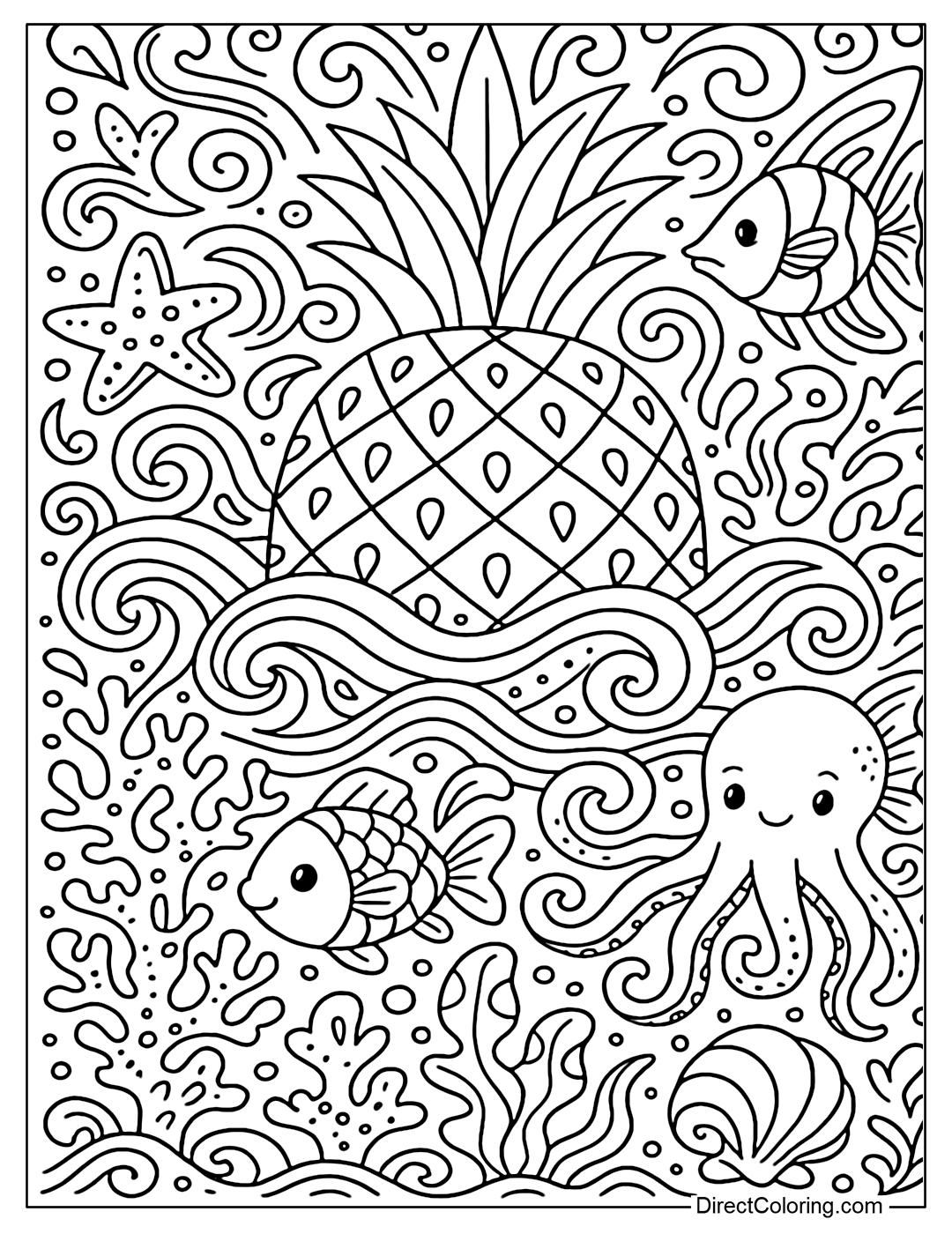 Pineapple and sea creatures scene coloring page drawn in artistic doodle style.