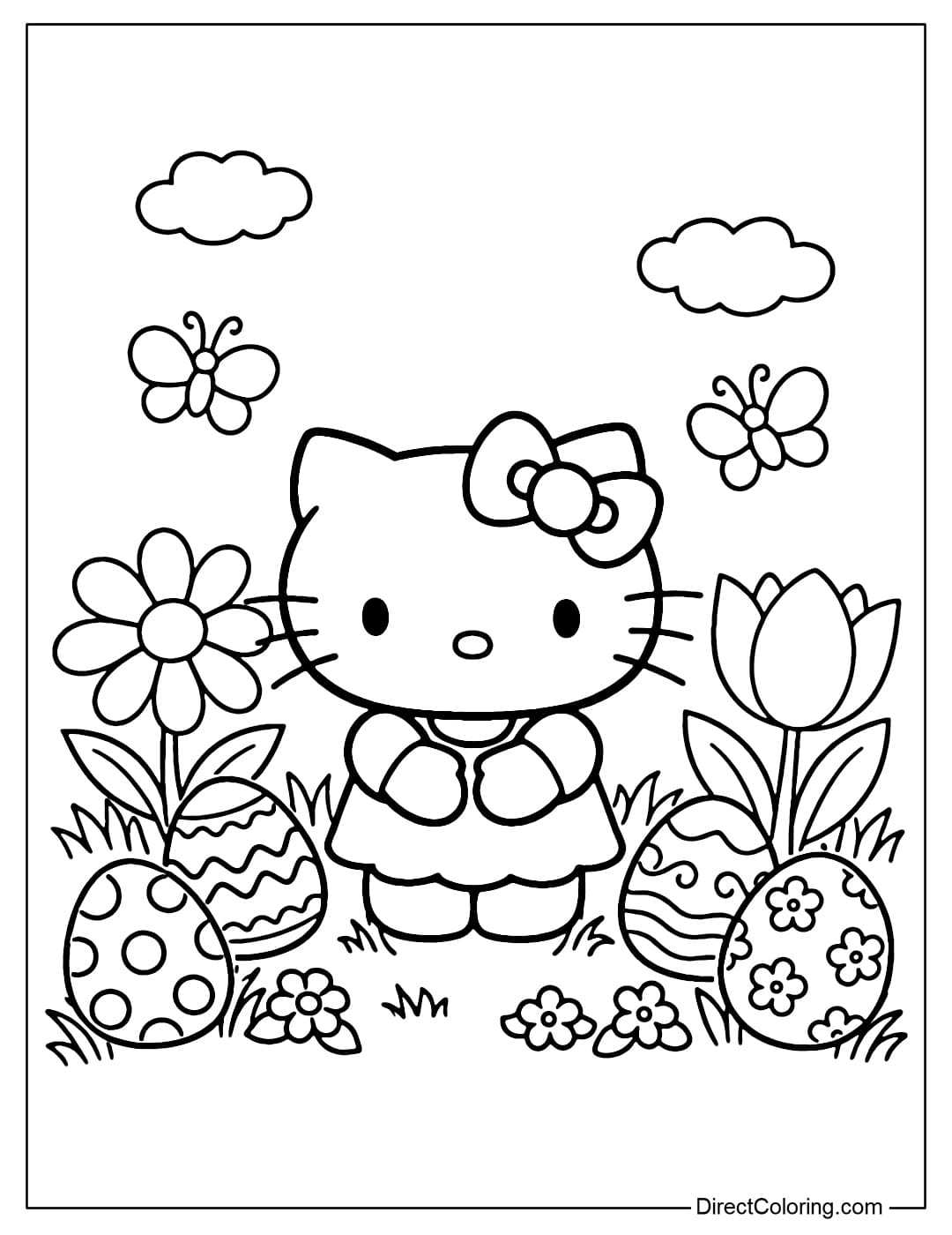 Hello Kitty is standing in a small garden with large flowers and Easter eggs placed on the grass.