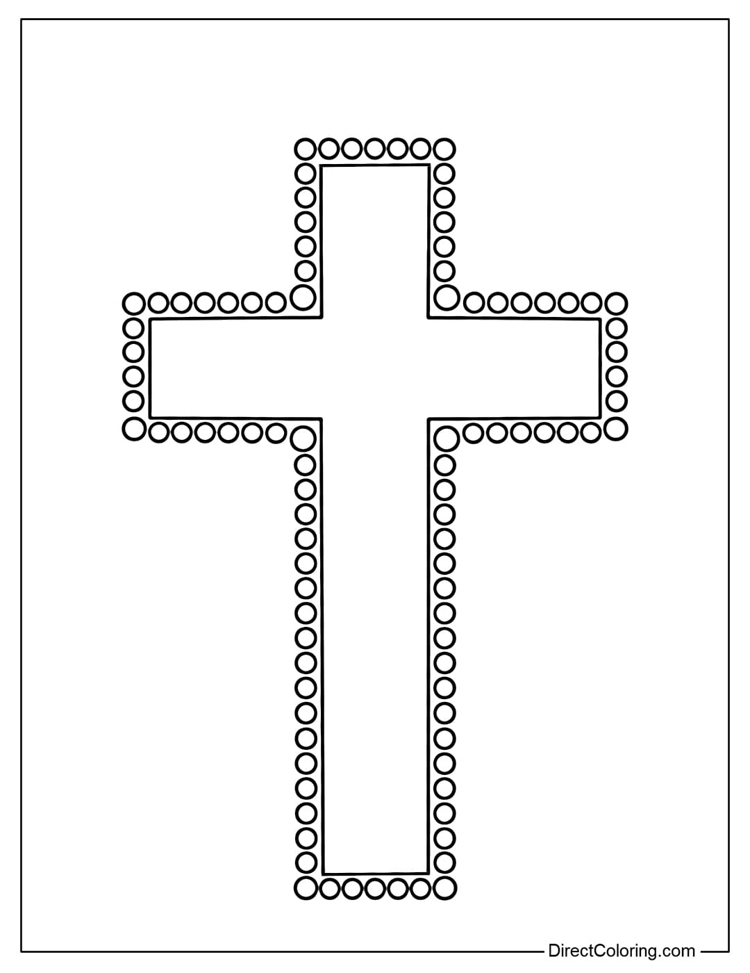 A simple cross coloring page with small decorative dots along the outline of the cross, creating a cute pattern.