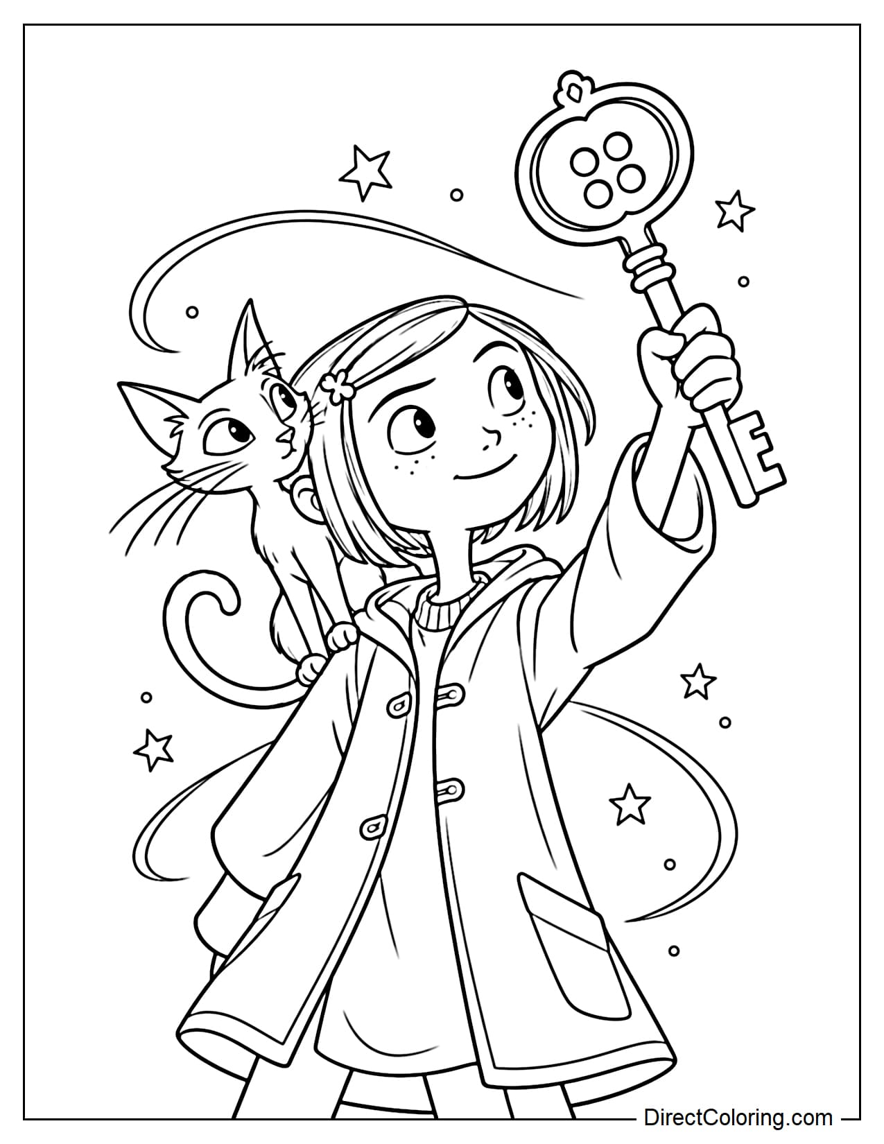 Coraline stands holding a large secret key in front of her, while the cat sits on one shoulder and looks toward the key.