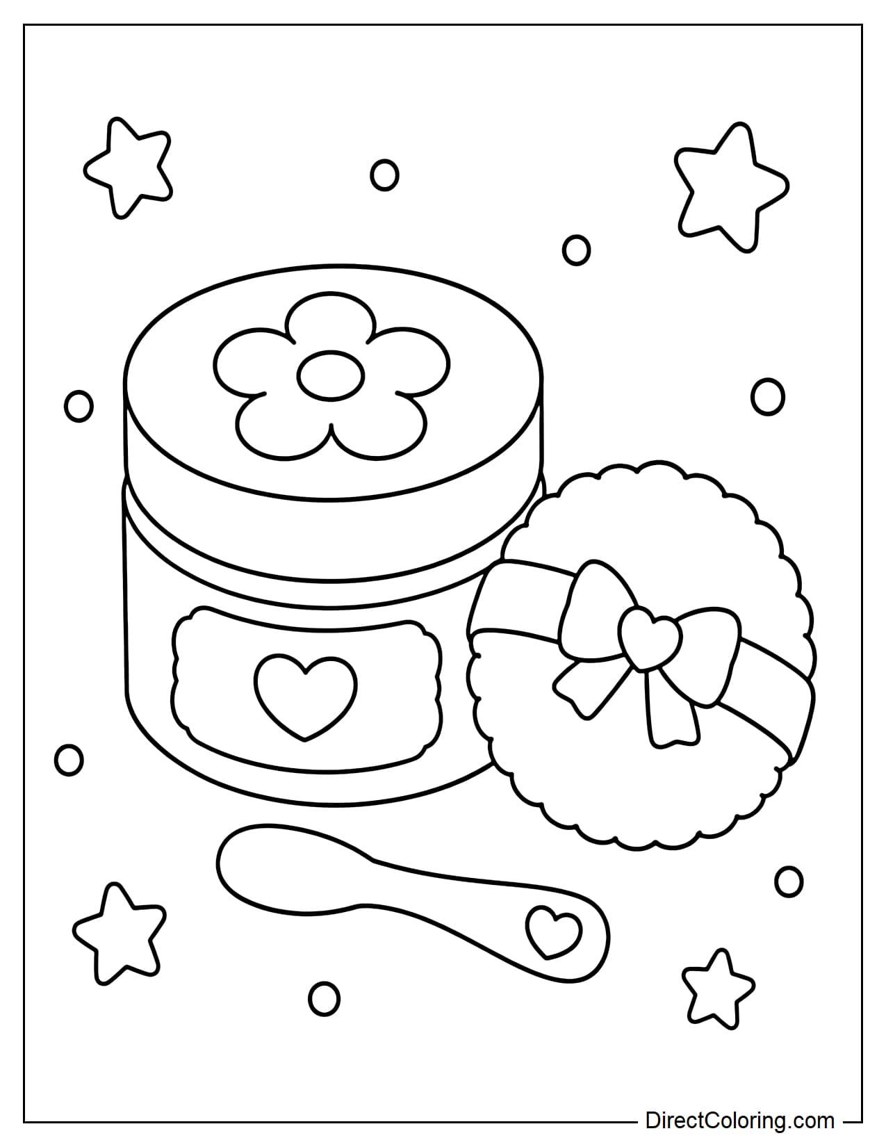 A small cosmetic cream jar with a flower-decorated lid, placed beside a round powder puff and a tiny spoon, with a few dots and small stars around them.