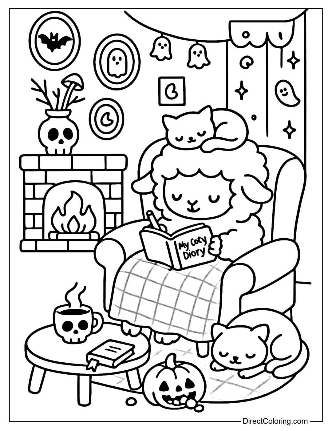 Cute Halloween coloring page with a fluffy little sheep sitting on a chair next to the fireplace, covered with a warm checkered blanket, and writing in a diary.
