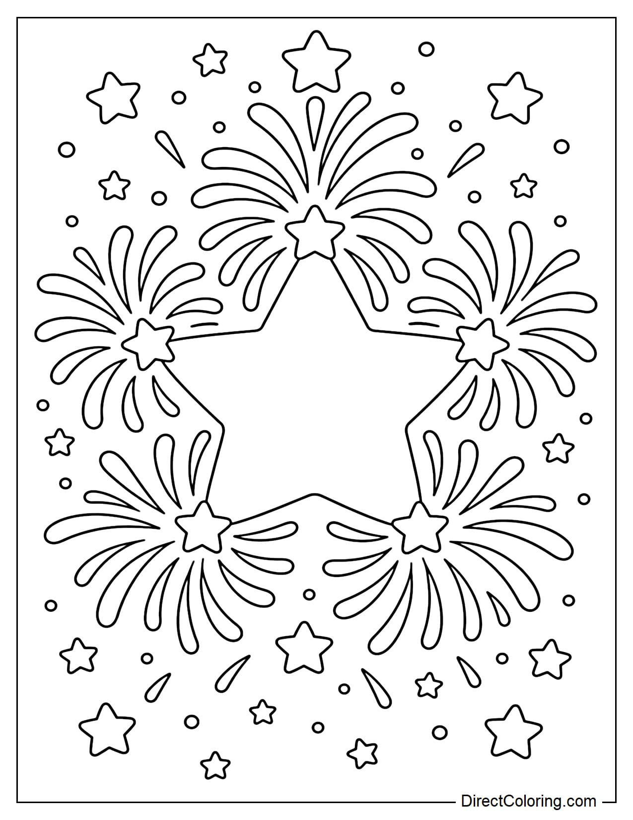 Fireworks forming a large star-shaped circle, with many small, repeating star-shaped sparks.