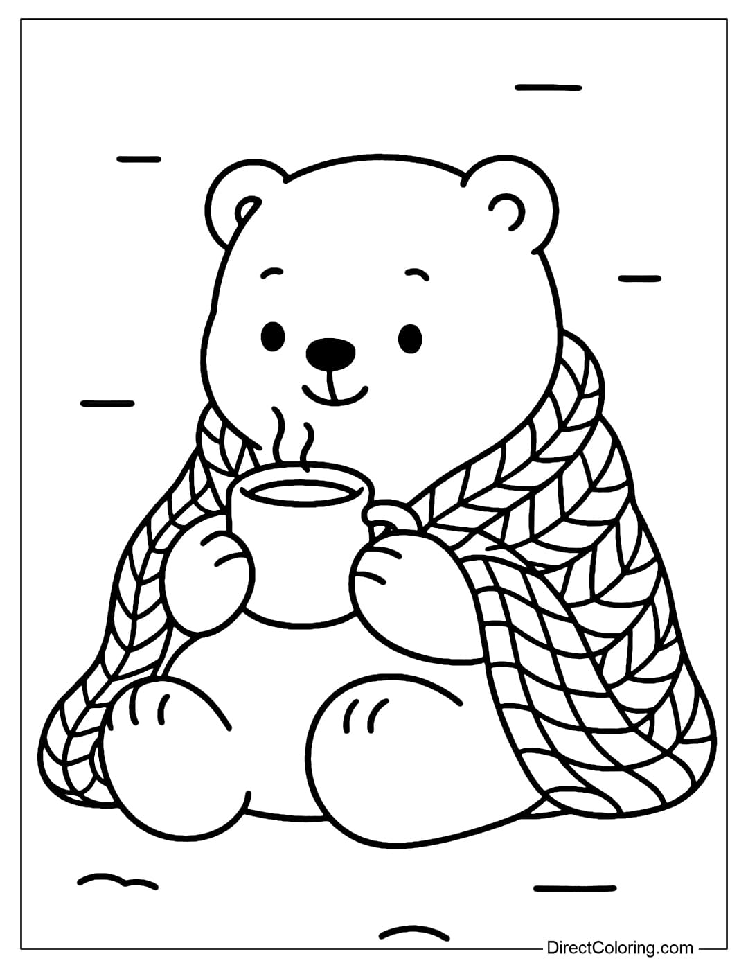 Polar bear coloring page sitting and enjoying a cup of hot cocoa, wrapped in a woolen blanket.