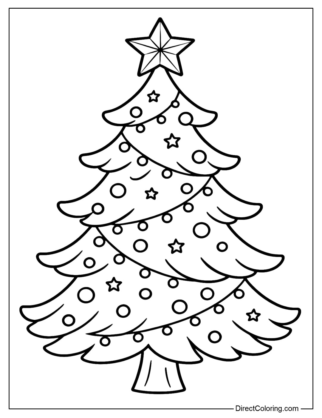 A pine tree coloring page with curved leaves, decorated with round balls, small stars and light strings. The top of the tree is a large 5-pointed star.
