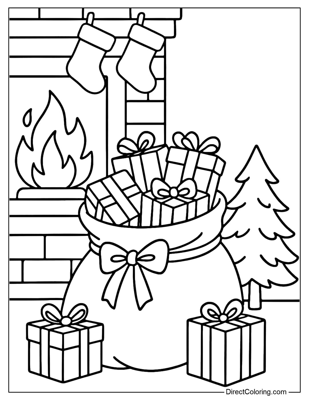 A coloring page of a gift bag placed next to a warm fireplace, with a stocking hanging on top, and a small pine tree next to it.