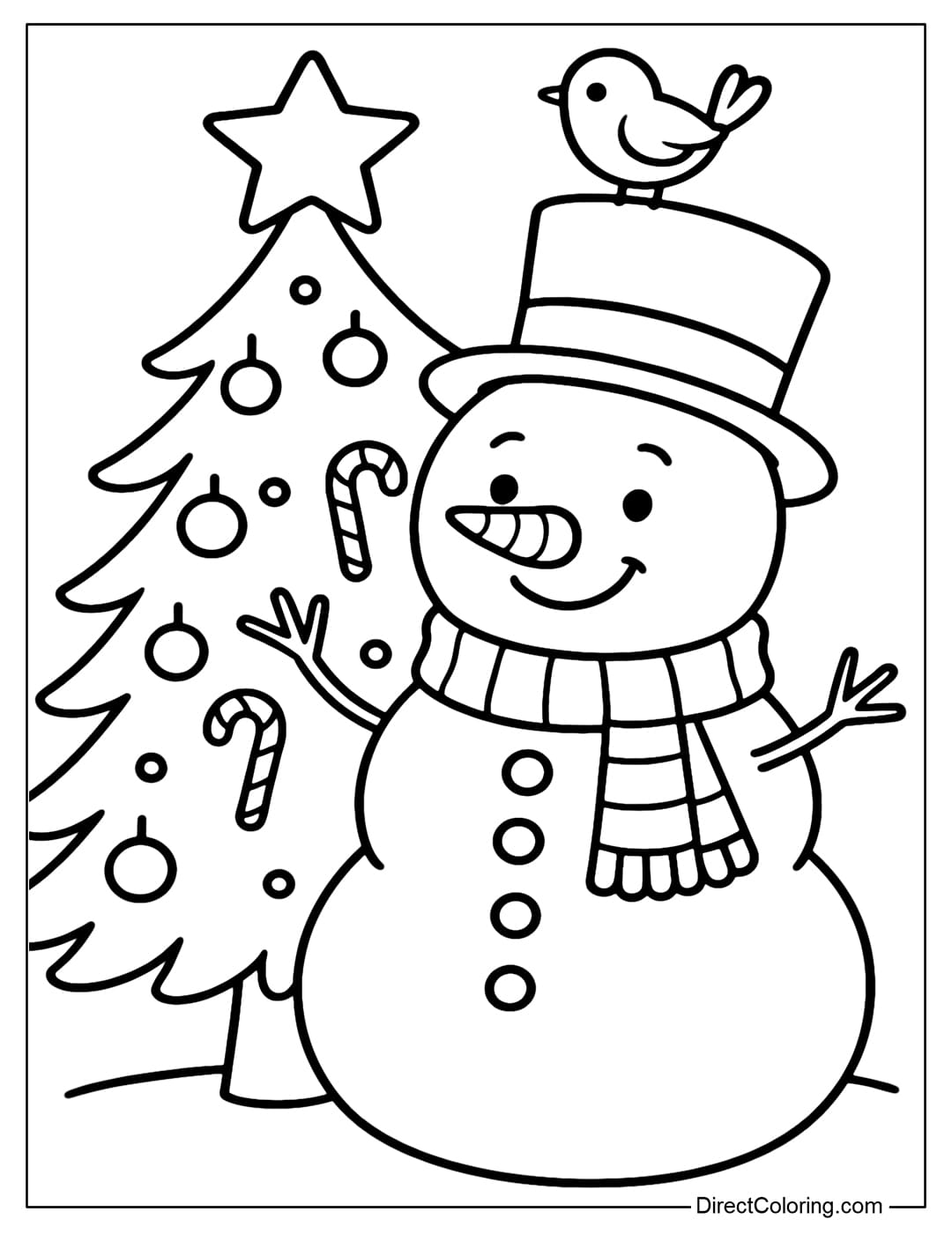 Coloring page of a snowman standing next to a Christmas tree, a little bird perched on the snowman's hat.