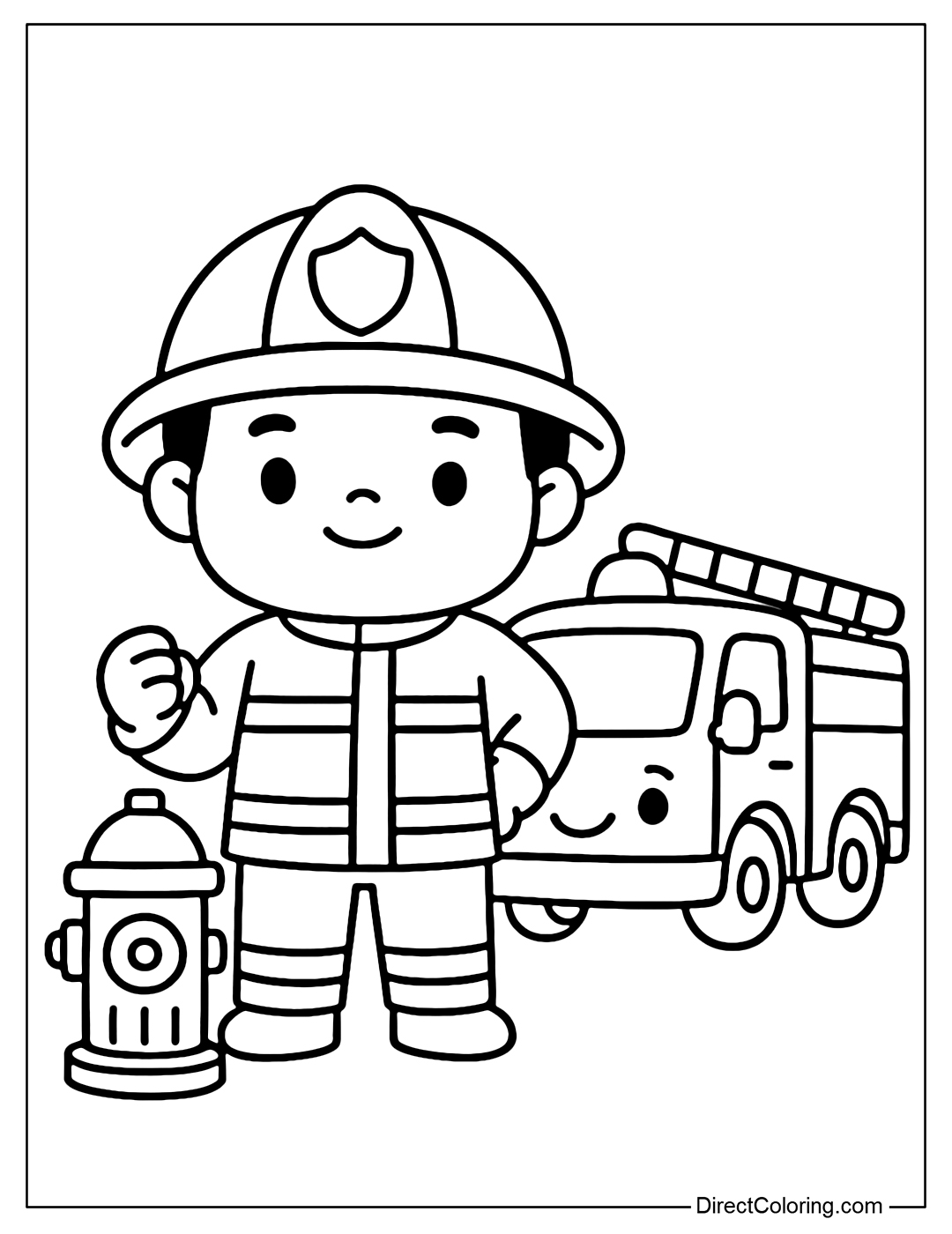 Coloring page of a heroic firefighter standing next to a water hose and a small fire truck, clear lines, easy to color.