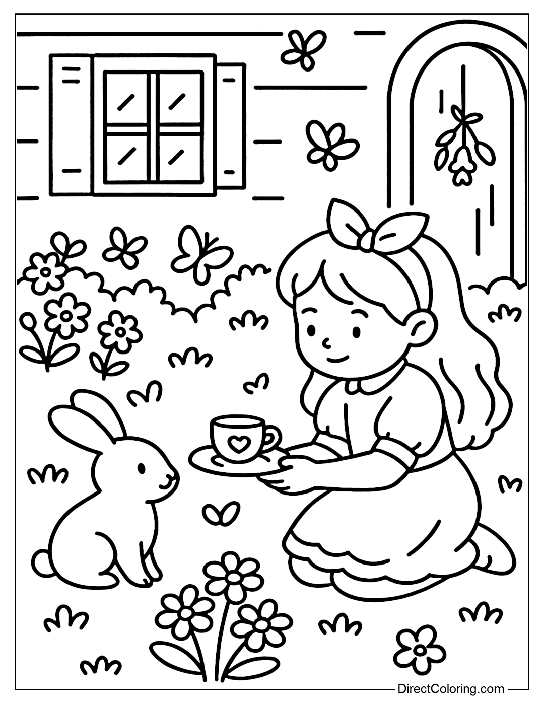 A coloring page of a little girl giving a small cup of tea to a white rabbit in a garden full of flowers and green bushes.