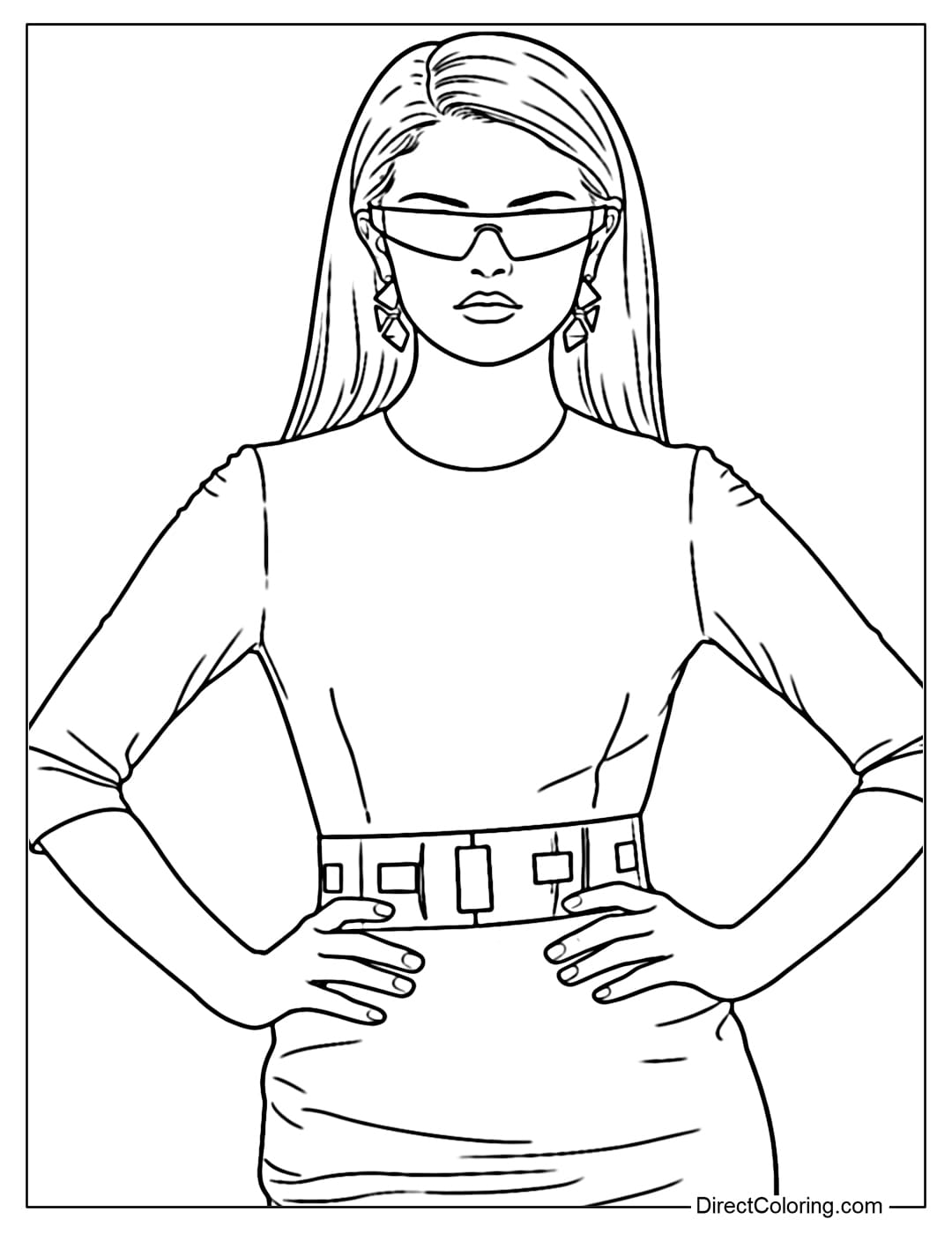 Selena Gomez coloring pages showcasing her sharp wit and bold, modern fashion style, complete with a metallic belt and stylish astronaut sunglasses.