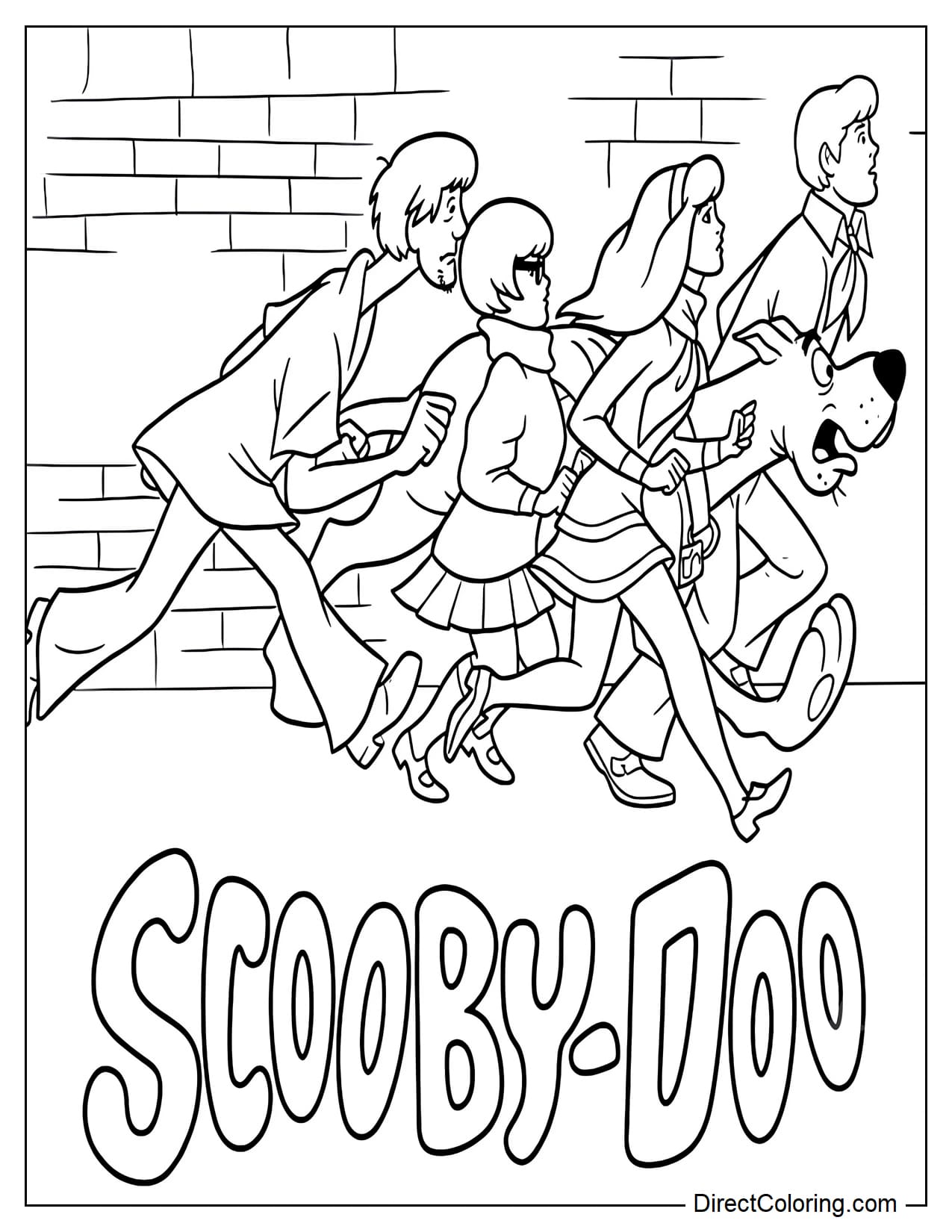 Scooby-Doo, Shaggy, Velma, Daphne, and Fred are running closely together while escaping from a mysterious danger, with the text 