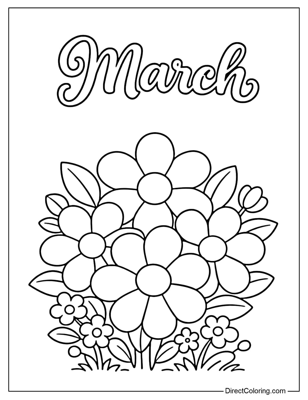 A coloring page featuring blooming spring flowers with soft, round petals, topped with the word 