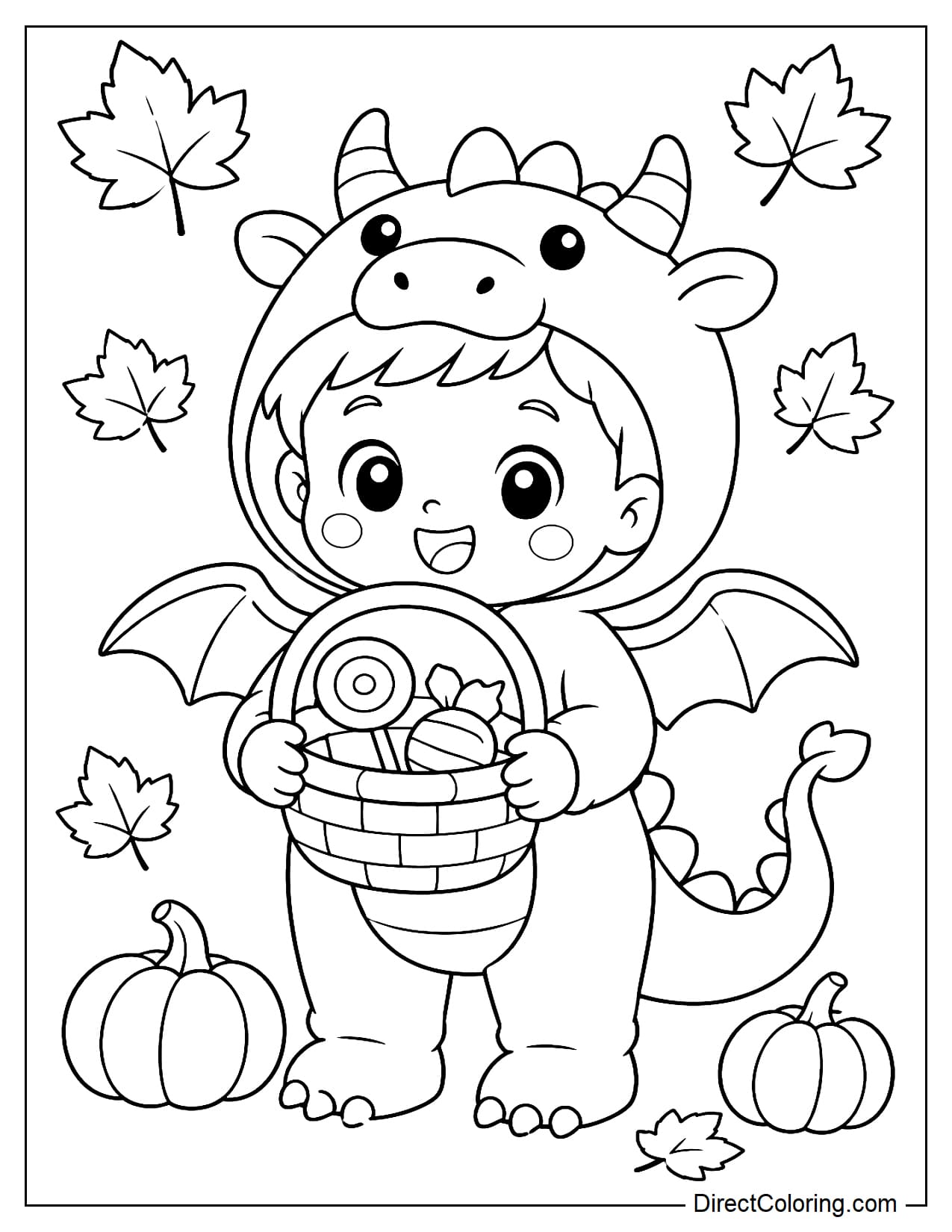 A child wears a cute dragon costume with two small horns, rounded wings, and a curved tail while holding a full candy bucket, surrounded by a few maple leaves and small pumpkins.