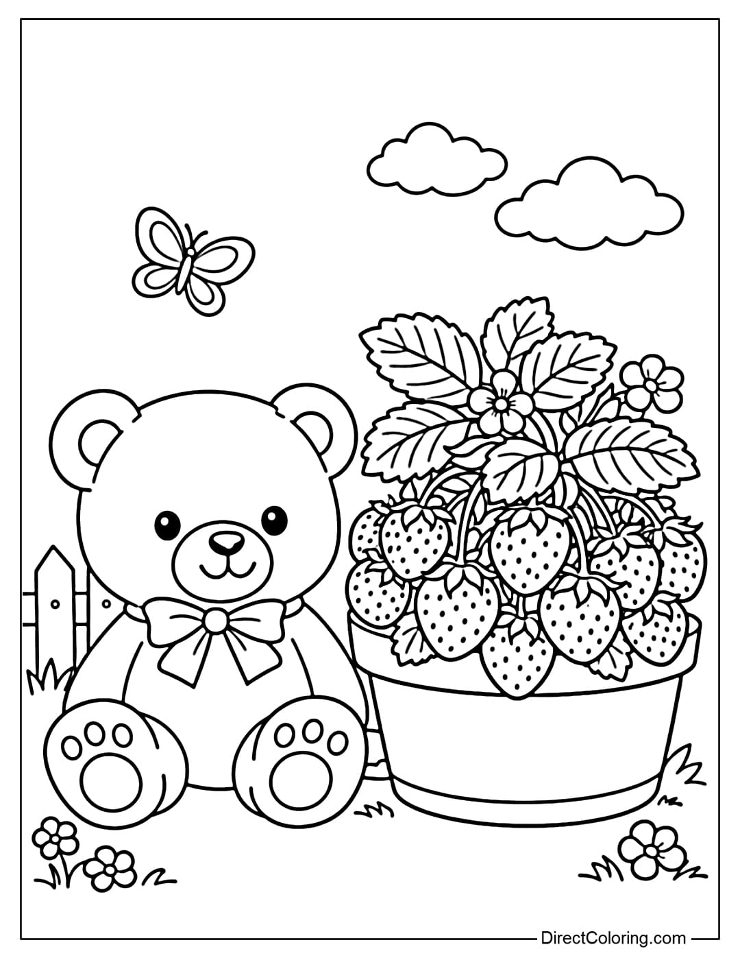 A coloring page featuring a teddy bear sitting next to a pot of strawberries with many drooping berries.