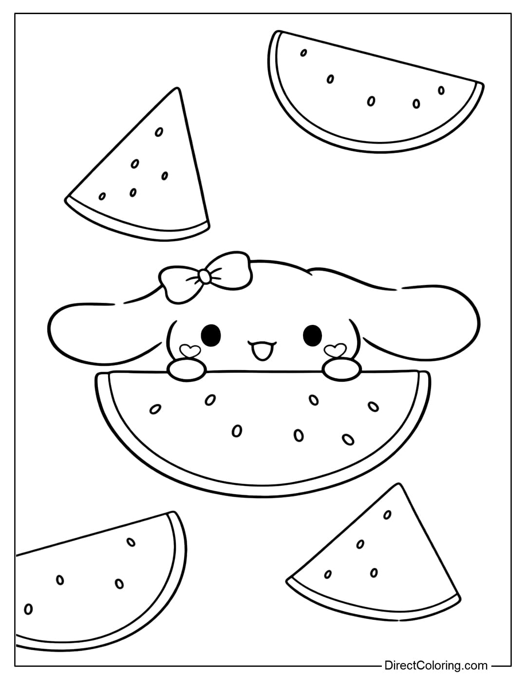 A cute Cinnamoroll with her head peeking out from behind a large slice of watermelon, surrounded by many watermelon pieces.