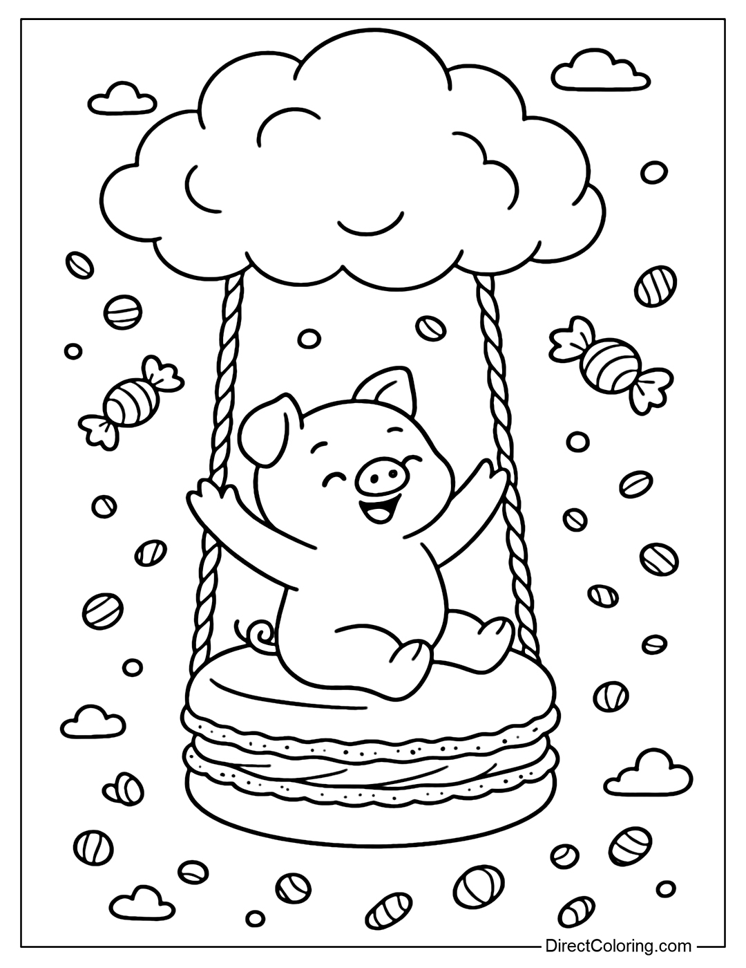 Coloring page of a swing flying from a cluster of cotton candy, the pig reaches out to touch the candy flying around.