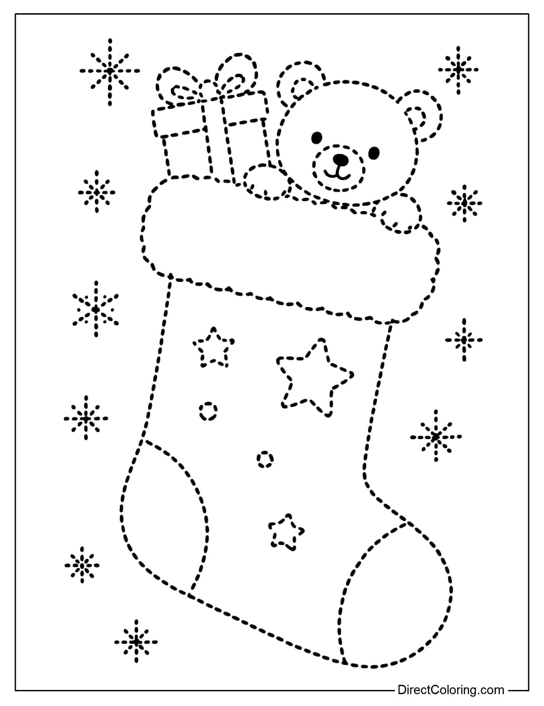 A Christmas stocking tracing coloring page with a gift box and a teddy bear on top.