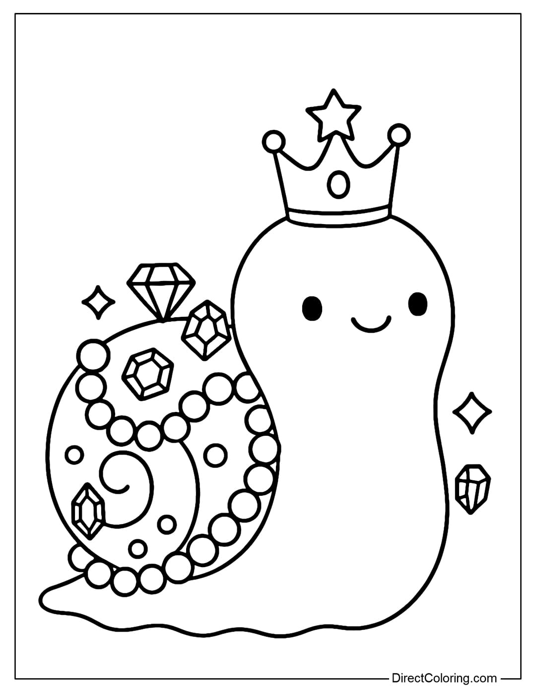 Coloring page The snail's shell is surrounded by pearls and gems, giving it a luxurious feel like a queen.