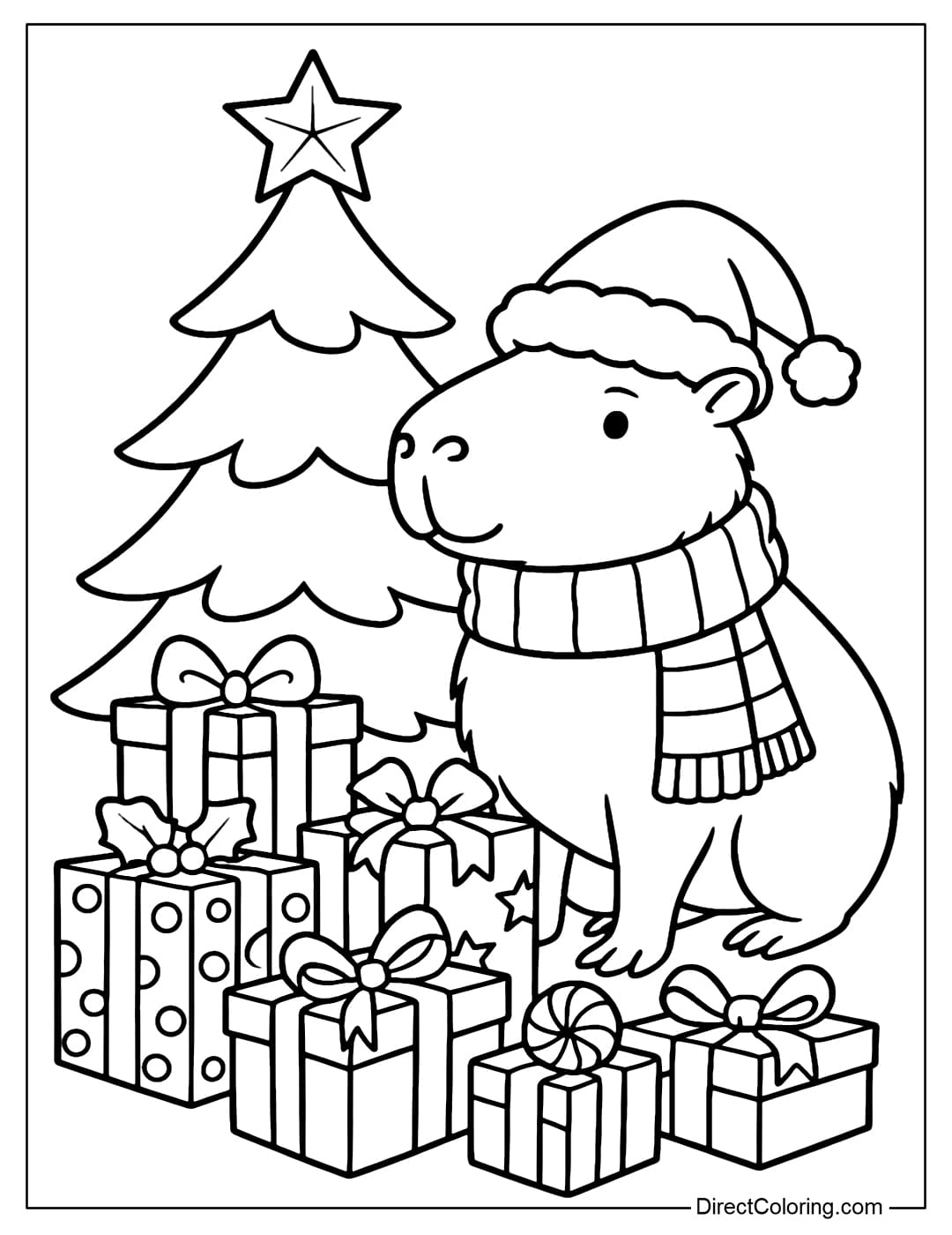 A coloring page of a capybara wearing a Santa hat and a striped Christmas scarf, standing next to a Christmas tree, surrounded by many gift boxes.