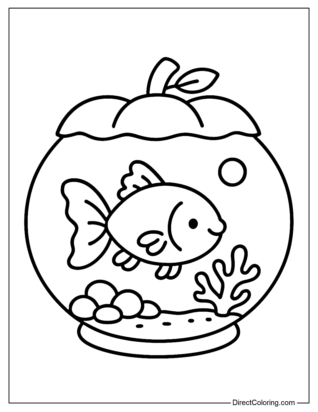 Pumpkin aquarium coloring page with goldfish, coral.