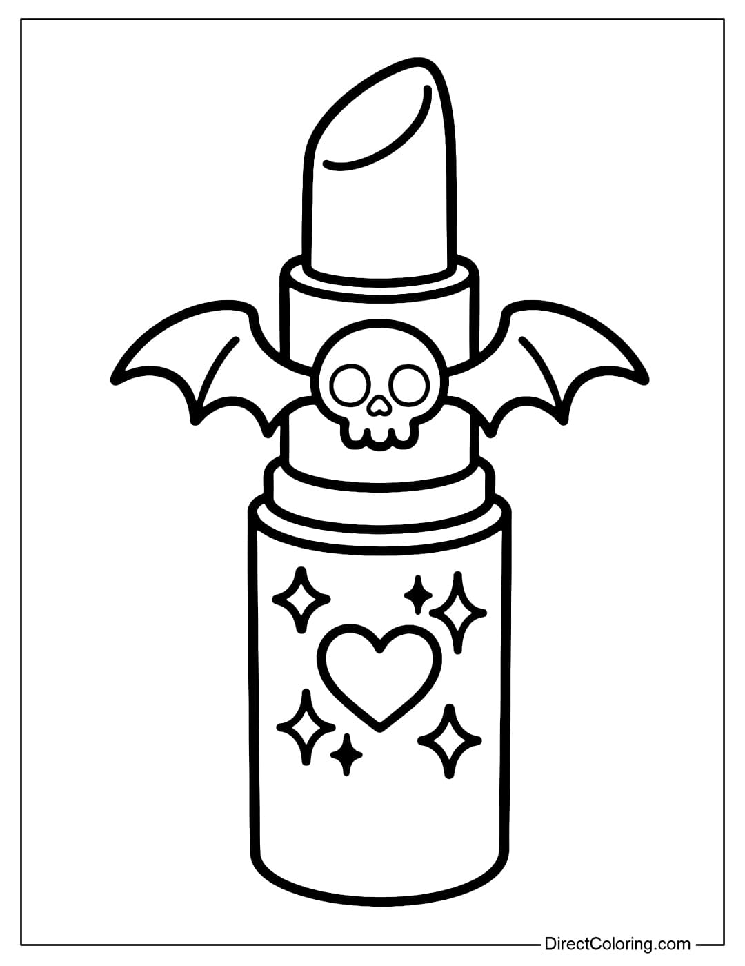 Bat-shaped lipstick coloring page, cap with small skull, lipstick body engraved with sparkling stars and hearts.