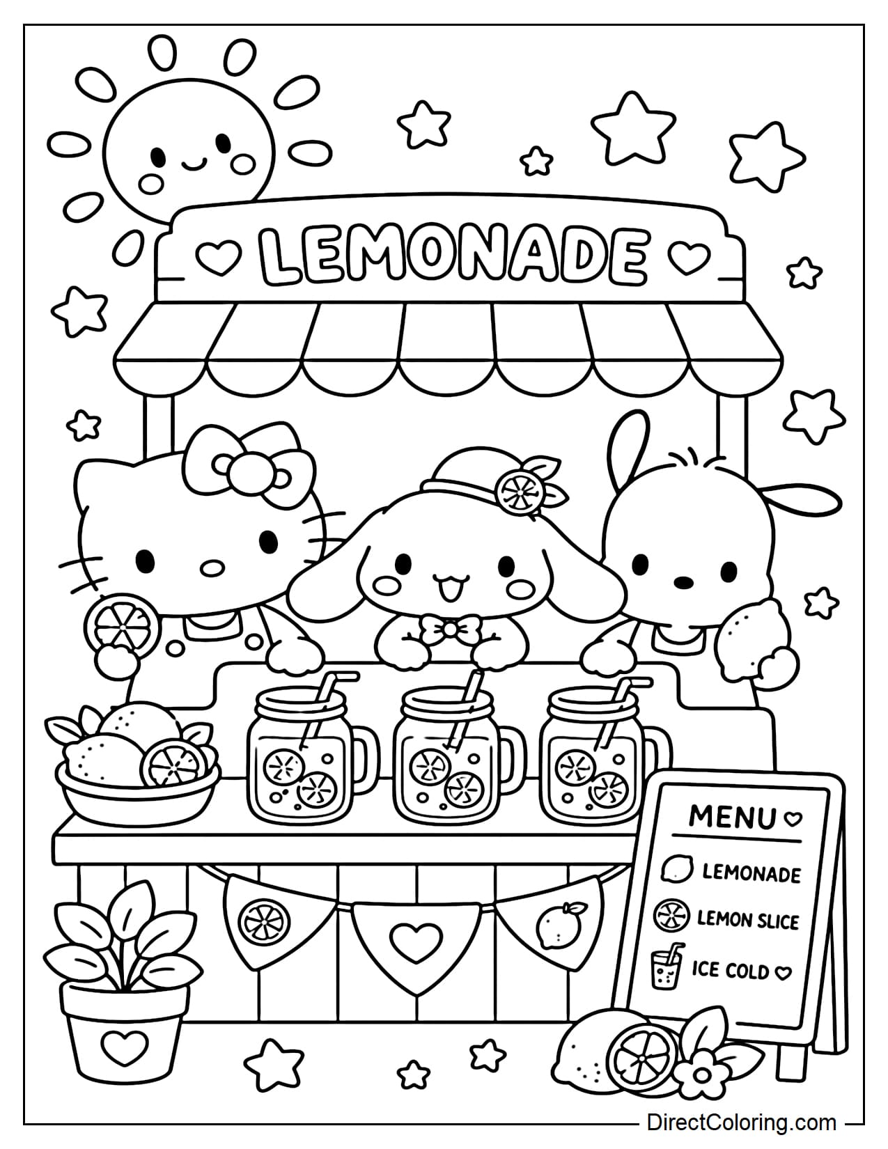 Cinnamoroll, Hello Kitty, and Pochacco are standing by a cute little summer lemonade stand with large glasses of lemonade, lemon slices, and a simple menu.
