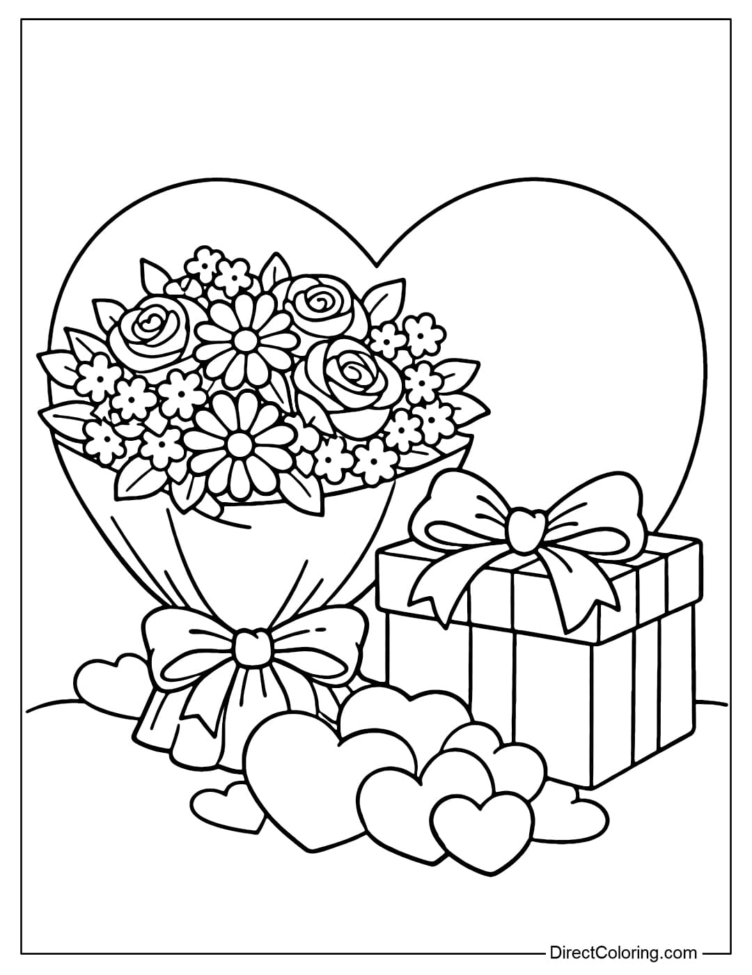 A coloring page featuring a large bouquet of flowers placed next to a Valentine's Day gift box, with several small hearts stacked on top of each other, and a large heart-shaped frame behind them.