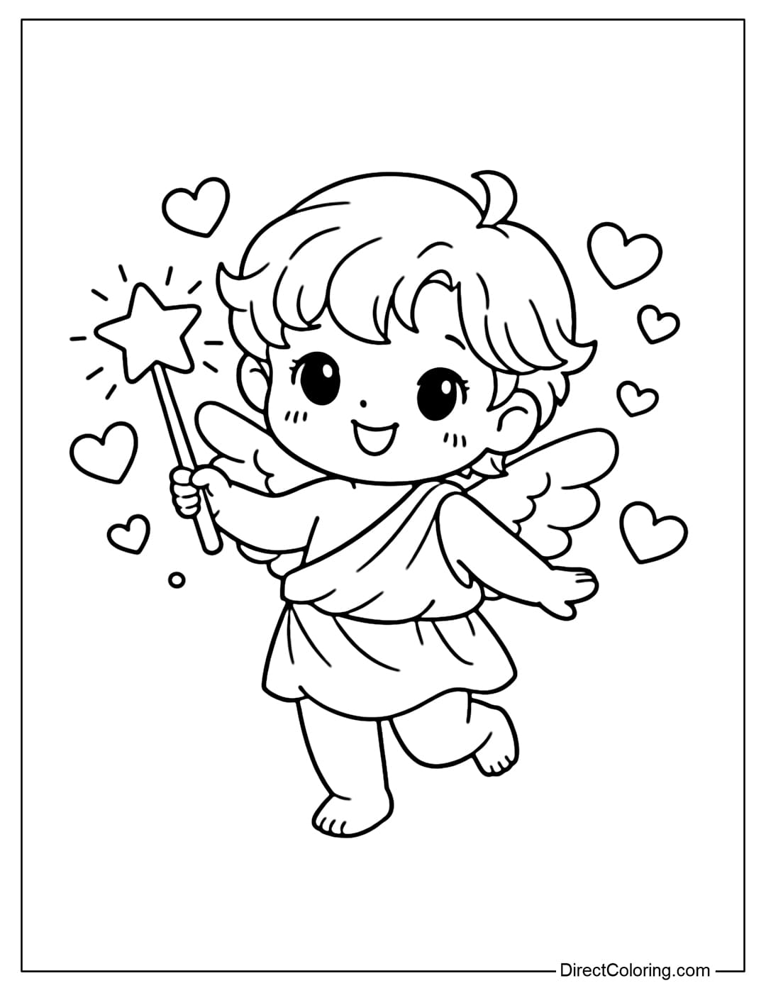 A cute Cupid is holding a star-shaped wand, with small hearts flying around it.