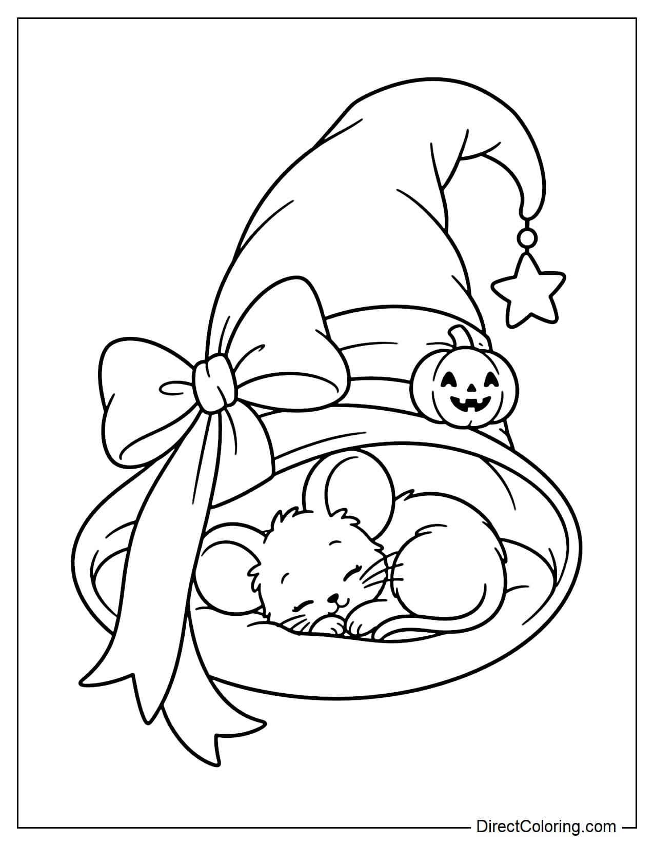 A cute little mouse sleeps curled up inside a giant witch hat decorated with a large bow, a small Halloween pumpkin on the brim, and a hanging star from the tip.