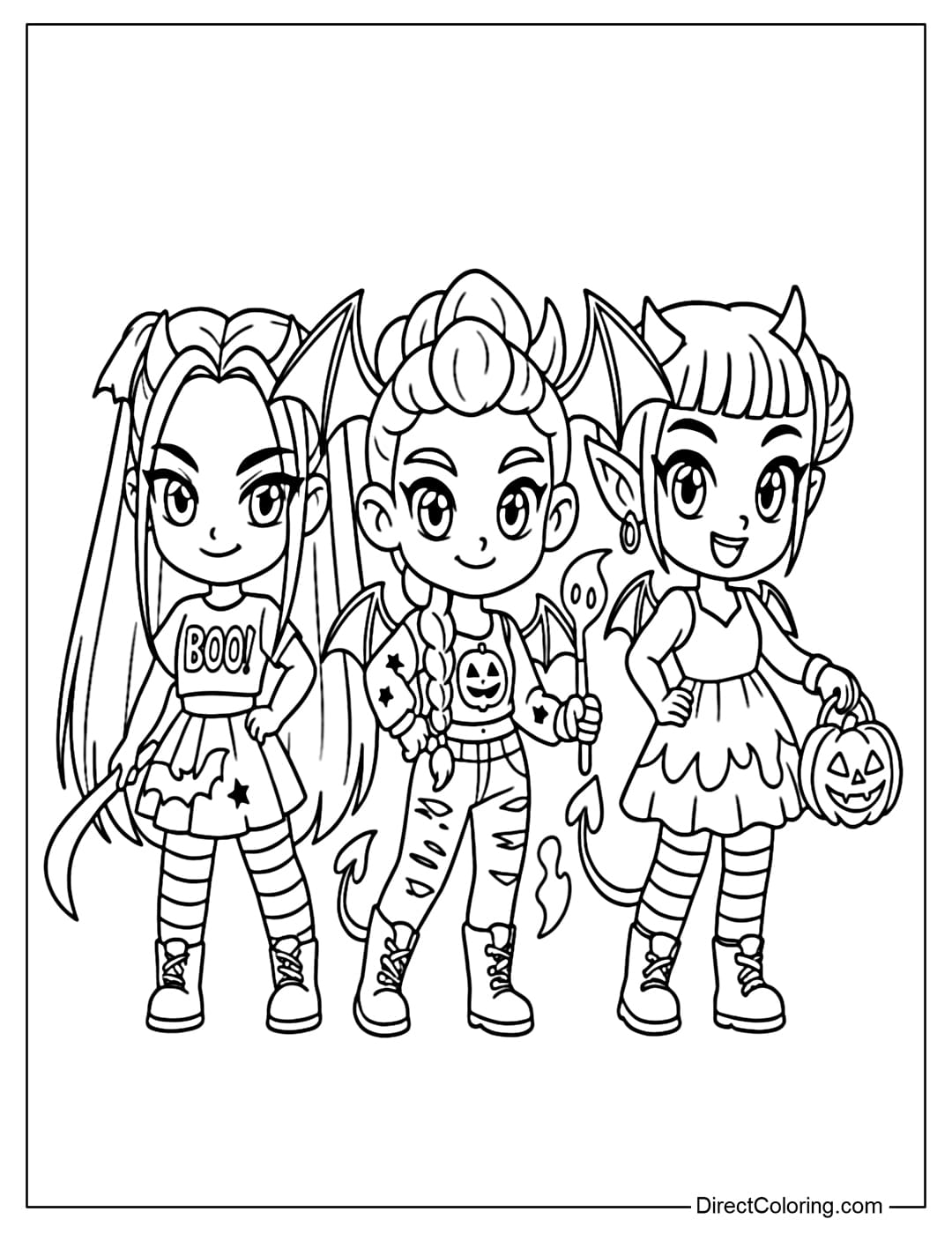 Coloring Page of Rumi, Zoey, and Mira from KPop Demon Hunters in in festive Halloween outfits with tiny horns, bat wings, and charming accessories.