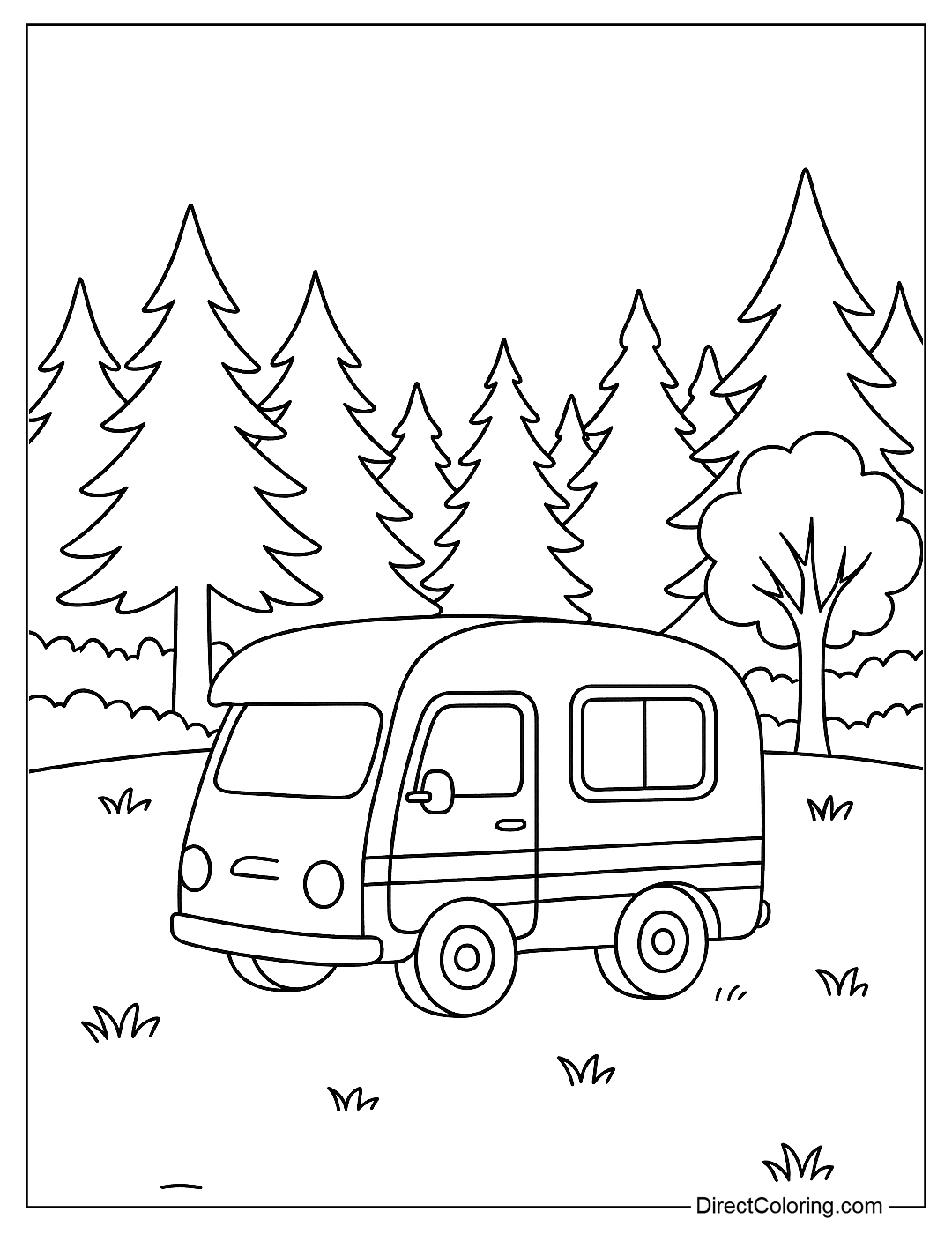 a coloring page of a cute little camper parked on the grass next to the forest