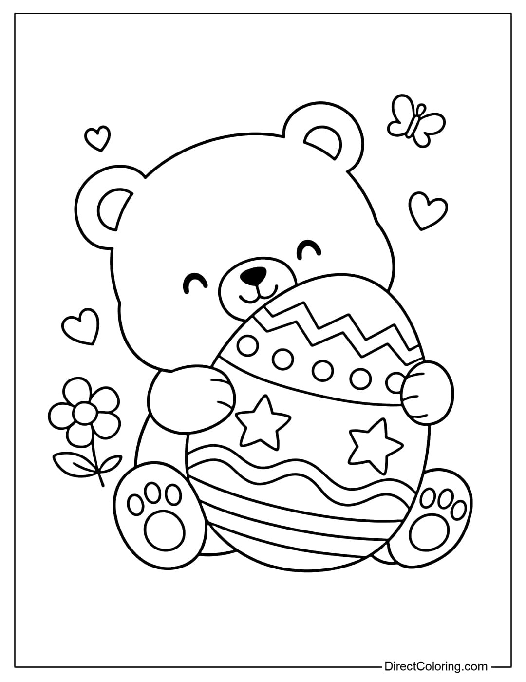 A cute bear coloring page holding a large egg with a simple design.