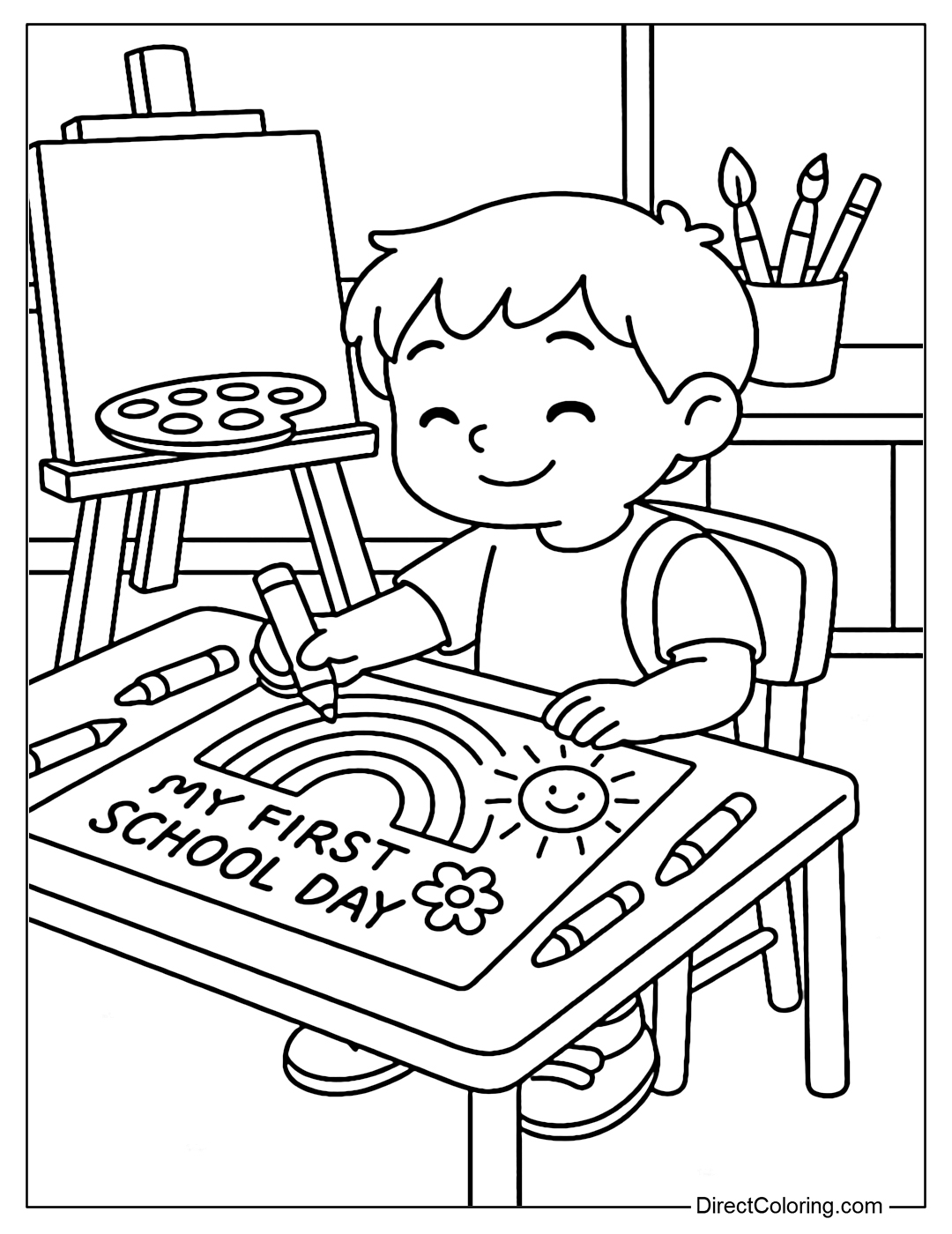 Art class coloring page, children draw colorful pictures with the sentence My First School Day.