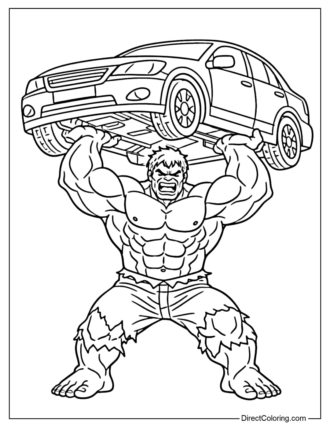 A coloring page of Hulk lifting a car with both hands, his face strong and energetic.