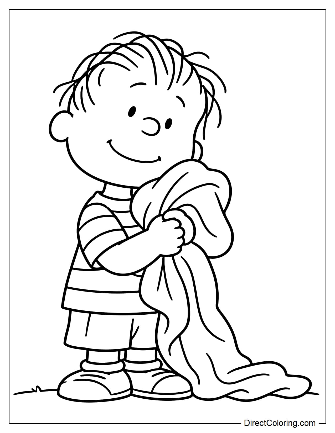 Linus stands hugging his favorite blanket against his chest, with one corner of the blanket hanging down near his feet.