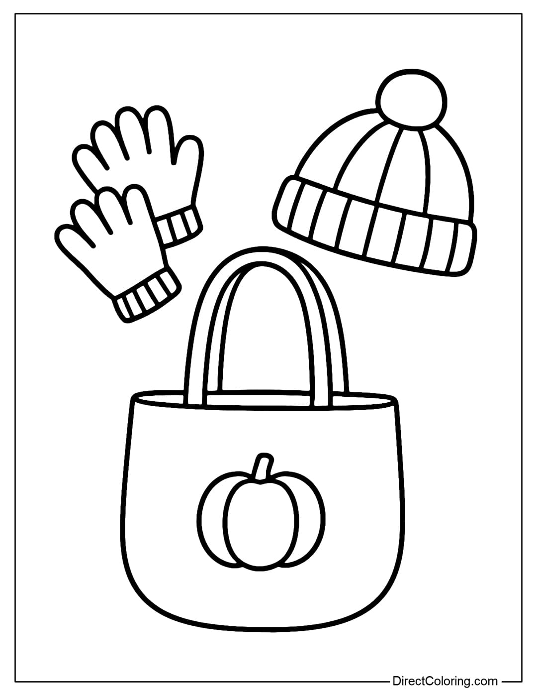 Autumn Accessories Coloring Page A color page for accessory combos: mini pumpkin tote bag, short wool gloves, cute wool hats.