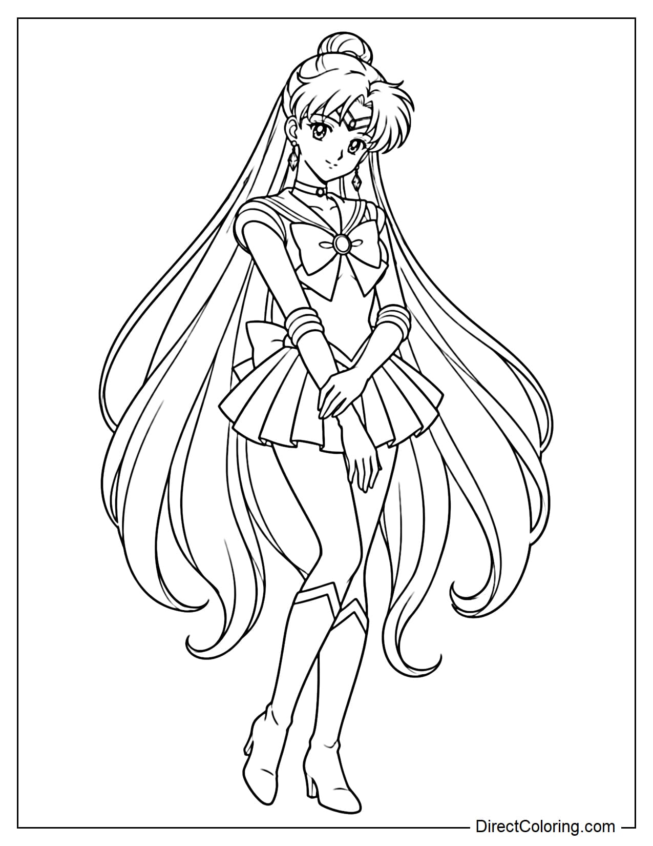 Sailor Pluto (Setsuna Meioh) stands gracefully upright, gently holding one wrist with her other hand in front of her body. She balances her weight on one leg while placing the other slightly across in a soft, elegant pose.