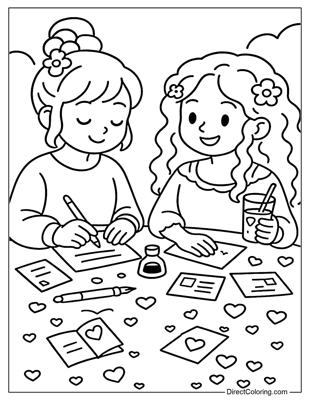 Coloring page of two girls writing letters to each other, surrounded by postcards, fountain pens and heart stickers.