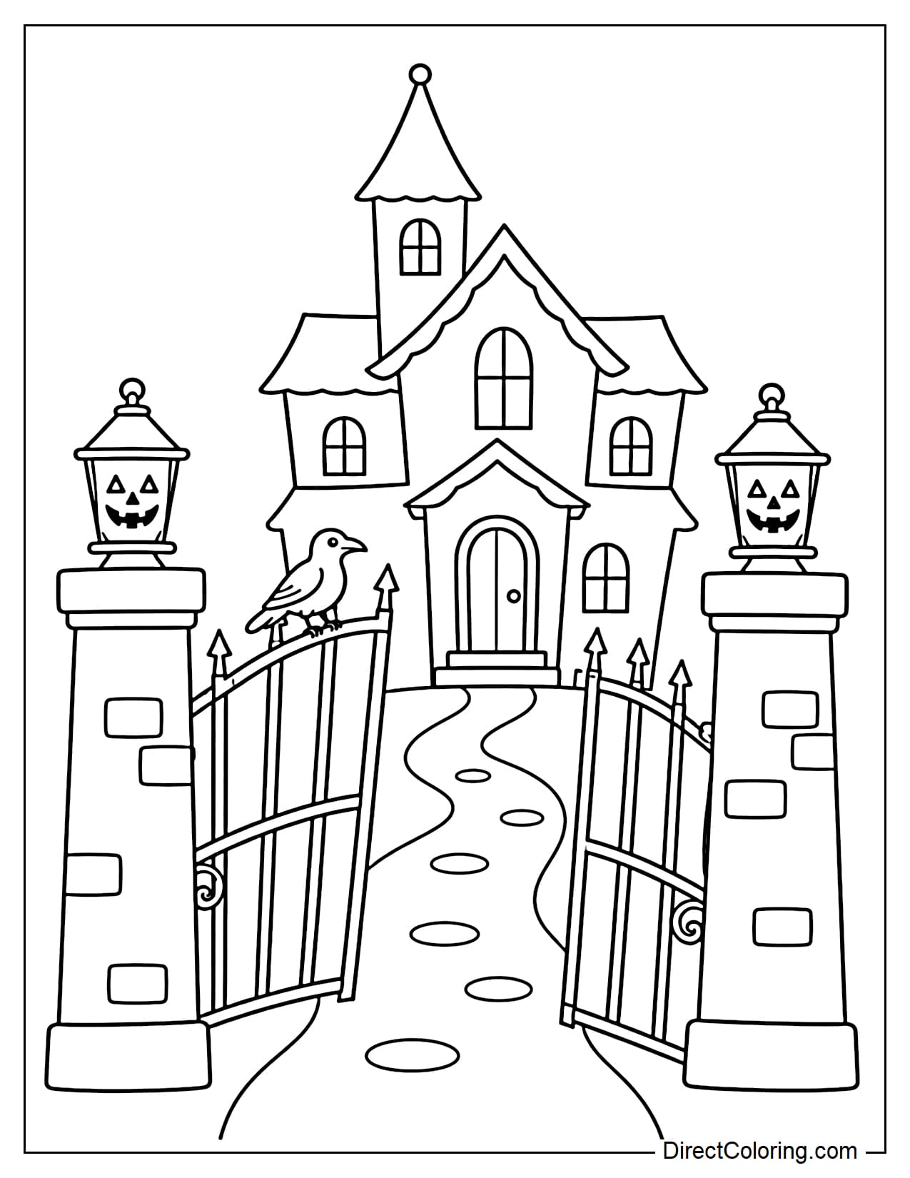 A haunted house stands behind a crooked front gate left partly open. Two large gateposts are topped with Halloween lanterns, while a small crow perches on the gate.